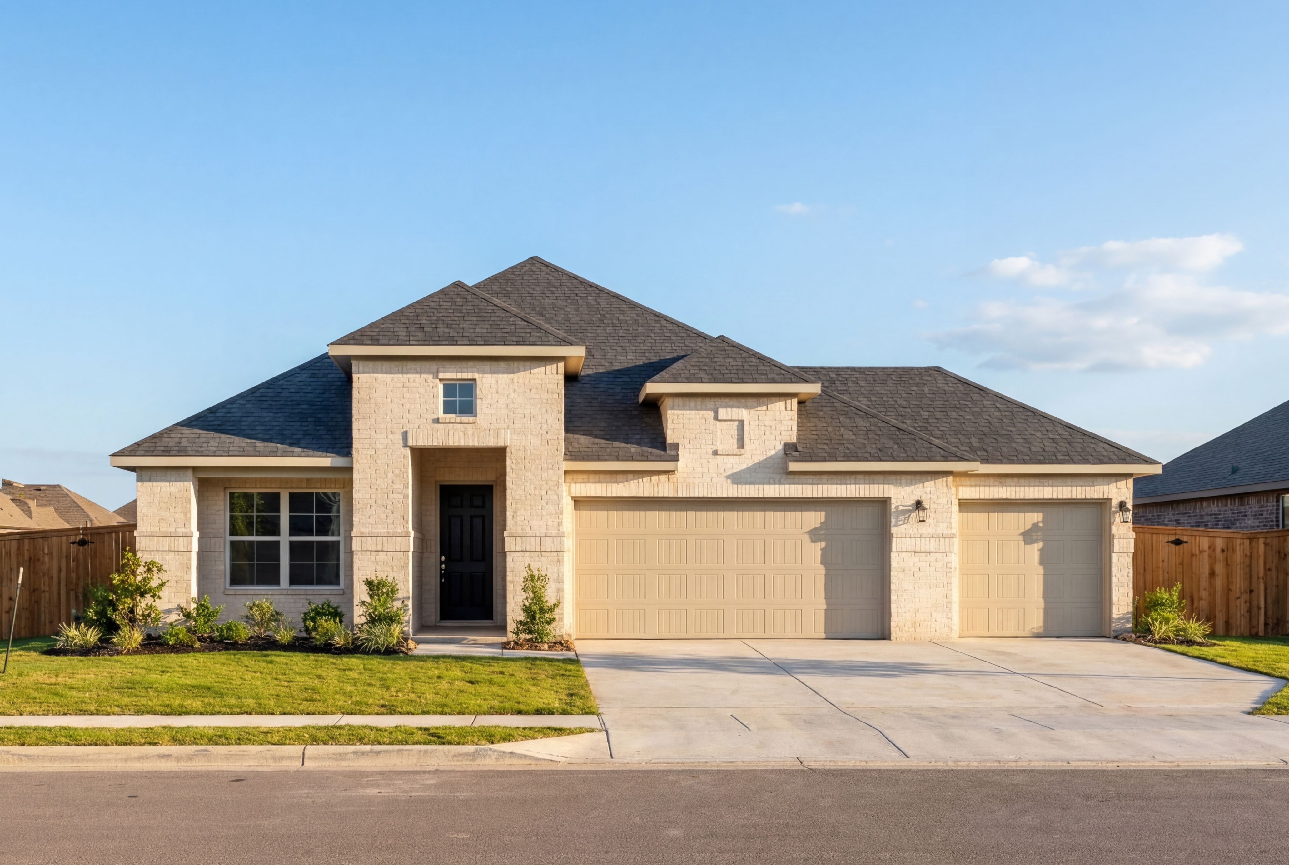 Modern single-story facade of The Acadia C 3-car garage home, beige stucco exterior, dark roof, and landscaped yard in Rosharon, TX