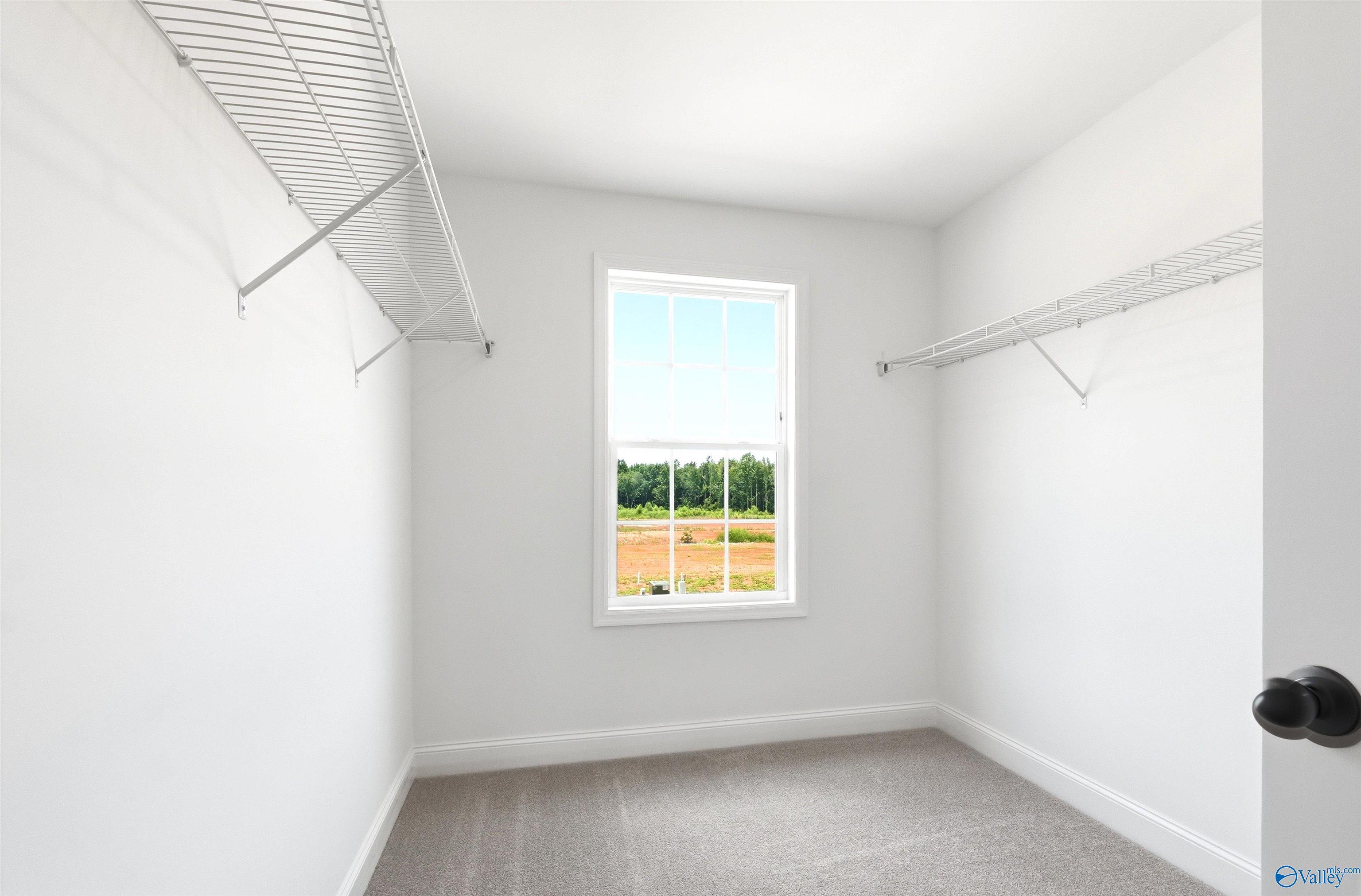 Walk-in closet with wire shelving and natural light in The Shelby A floor plan at Wood Trail, Toney, Alabama.