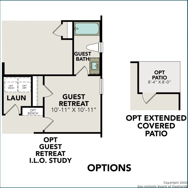 Guest bedroom floor plan with adjacent bath, laundry, and optional study in The Daphne J, Converse TX