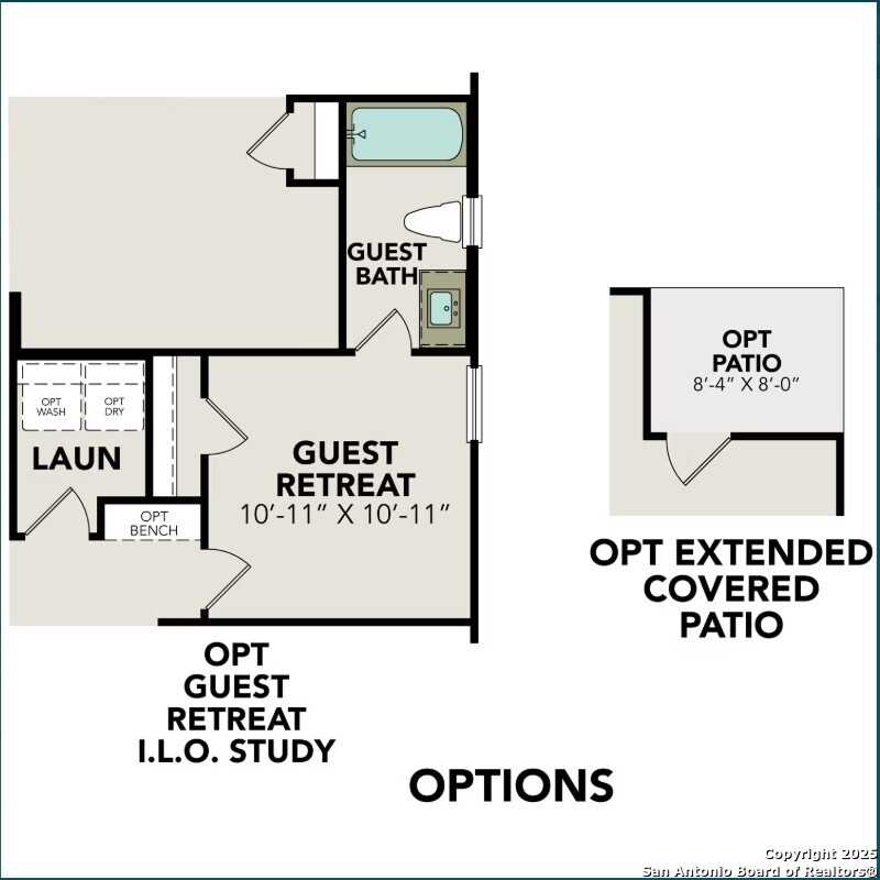Detailed floor plan of guest suite with bedroom, bath, laundry, optional ILO study in Davidson Homes The Daphne J, Converse TX