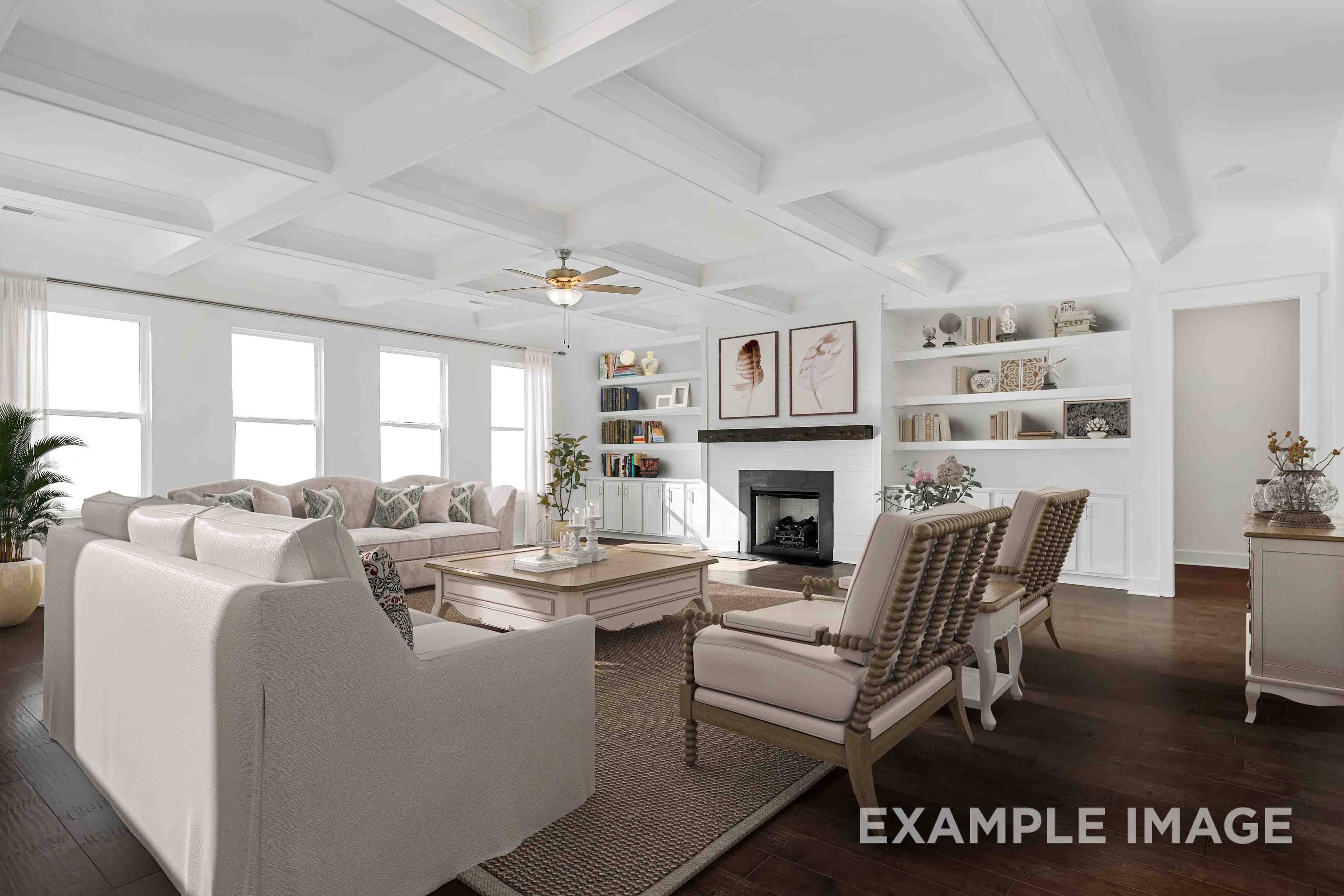 Cozy living room in Shelton Square Murfreesboro TN with white paneled walls, beige sectional sofa, fireplace, hardwood floors and large windows