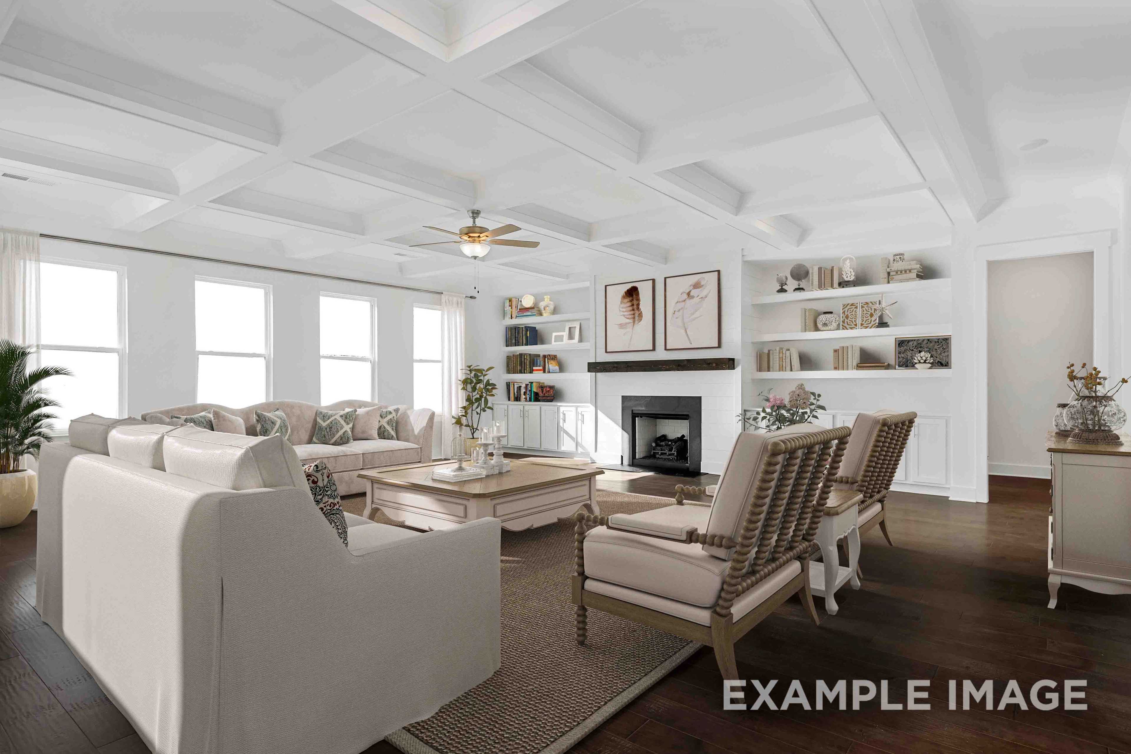 Cozy living room in Shelton Square Murfreesboro TN with white paneled walls, beige sectional sofa, fireplace, hardwood floors and large windows