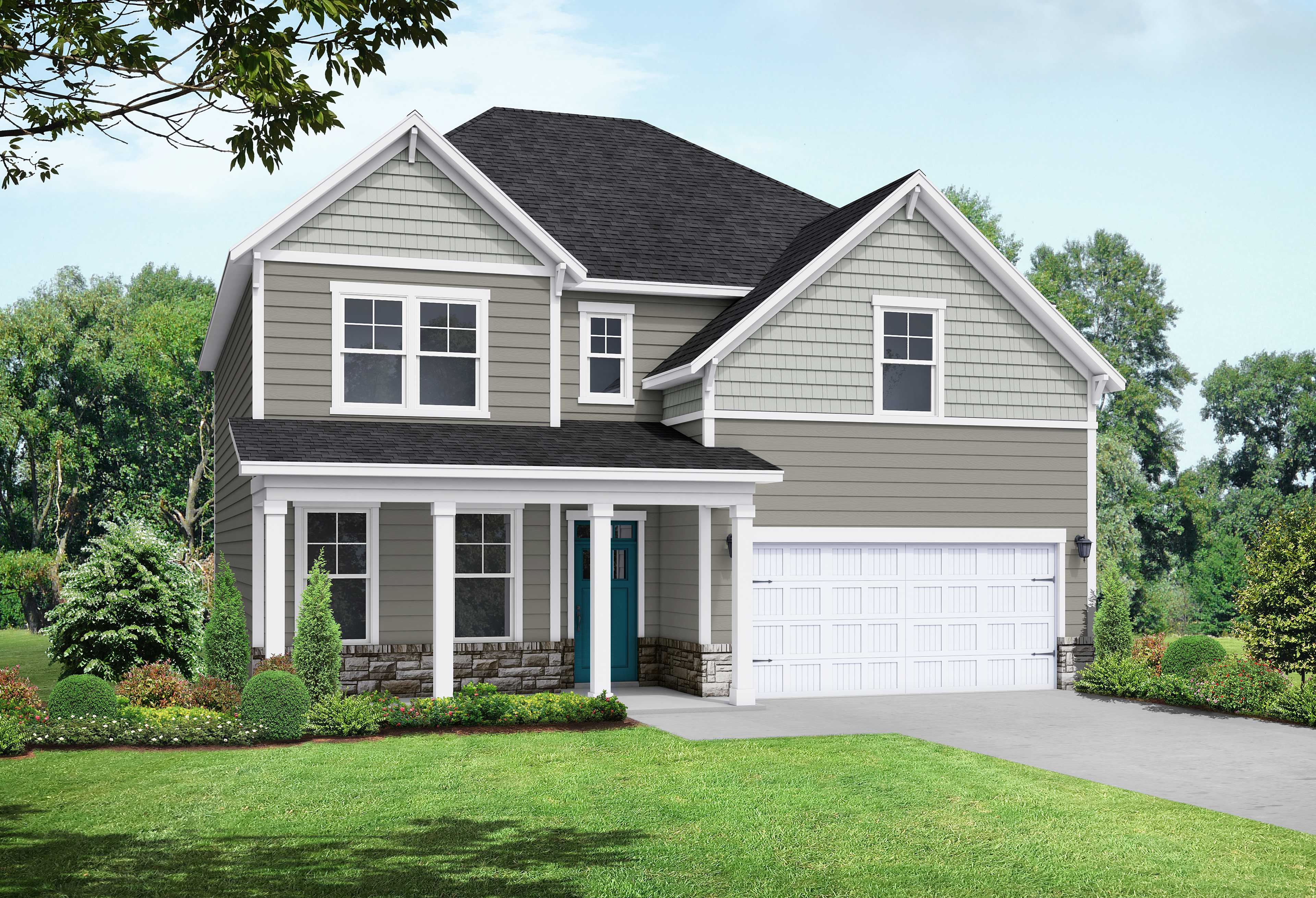 Two-story Hemlock A home elevation by Davidson Homes featuring gray siding, covered porch, two-car garage, and lush landscaping in Belmont NC