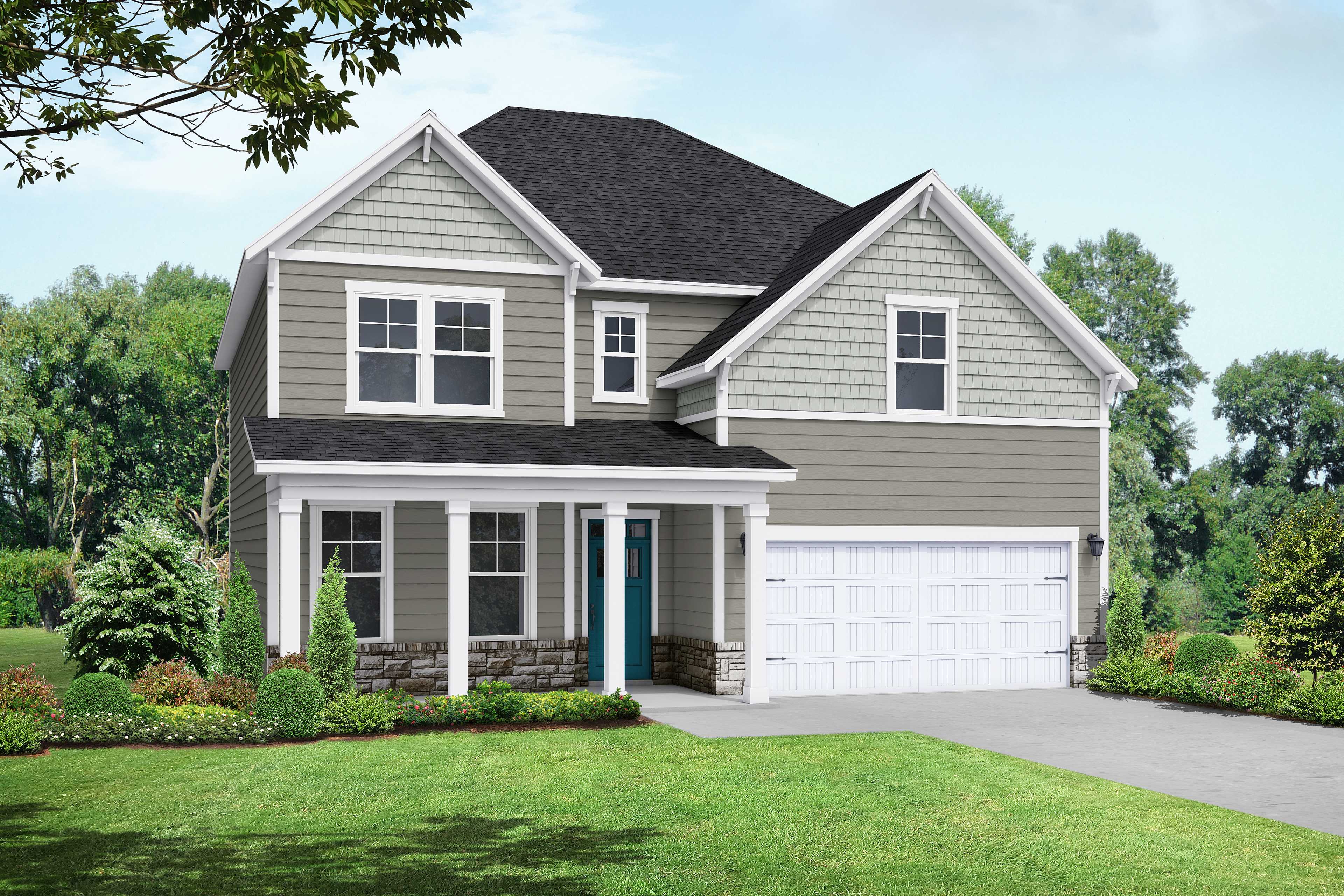 Two-story Hemlock A home elevation by Davidson Homes featuring gray siding, covered porch, two-car garage, and lush landscaping in Belmont NC