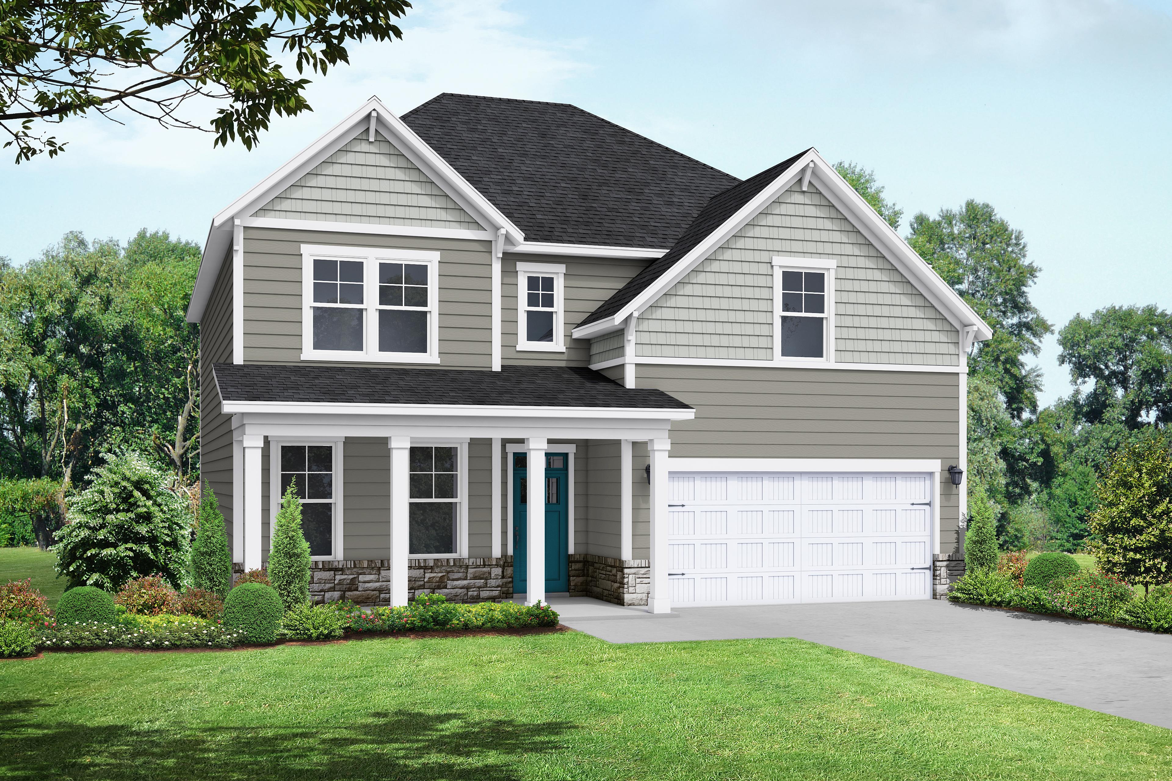 Two-story Hemlock A home elevation by Davidson Homes featuring gray siding, covered porch, two-car garage, and lush landscaping in Belmont NC