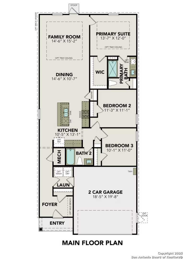 The Frio B floor plan: 3-bed, 2-bath, 1,464 sq ft single-story home with open kitchen, primary suite, and 2-car garage in Agave, San Antonio