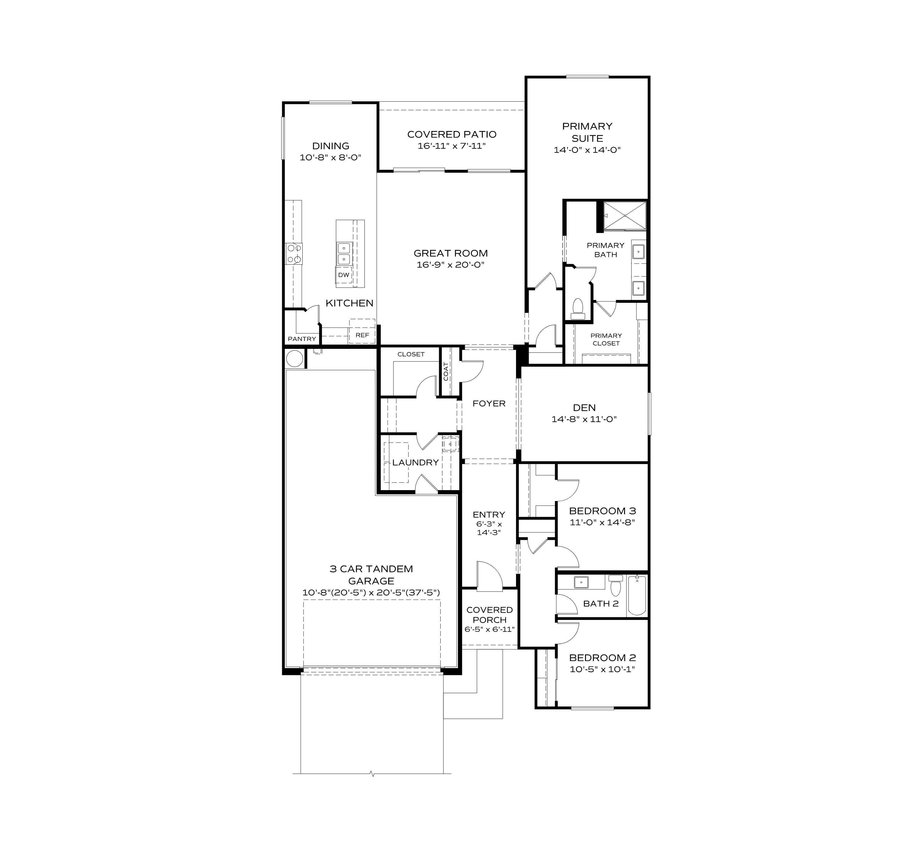 Harmony A single-story floor plan with open great room, kitchen, dining, primary suite, flex den, 3-car garage, covered patios