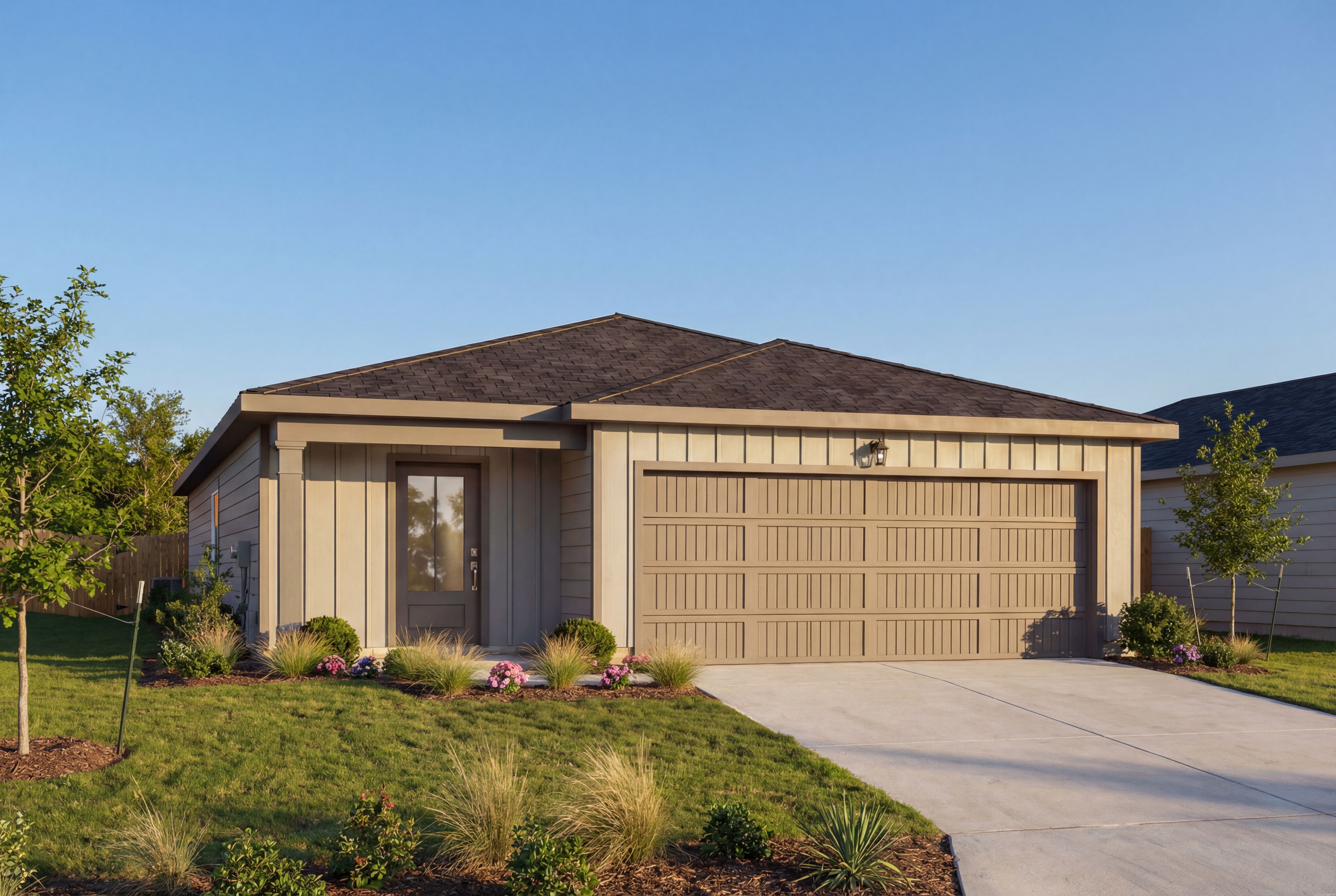 Contemporary front elevation of The Frio single-story home with tan siding, 2-car garage, and landscaped yard