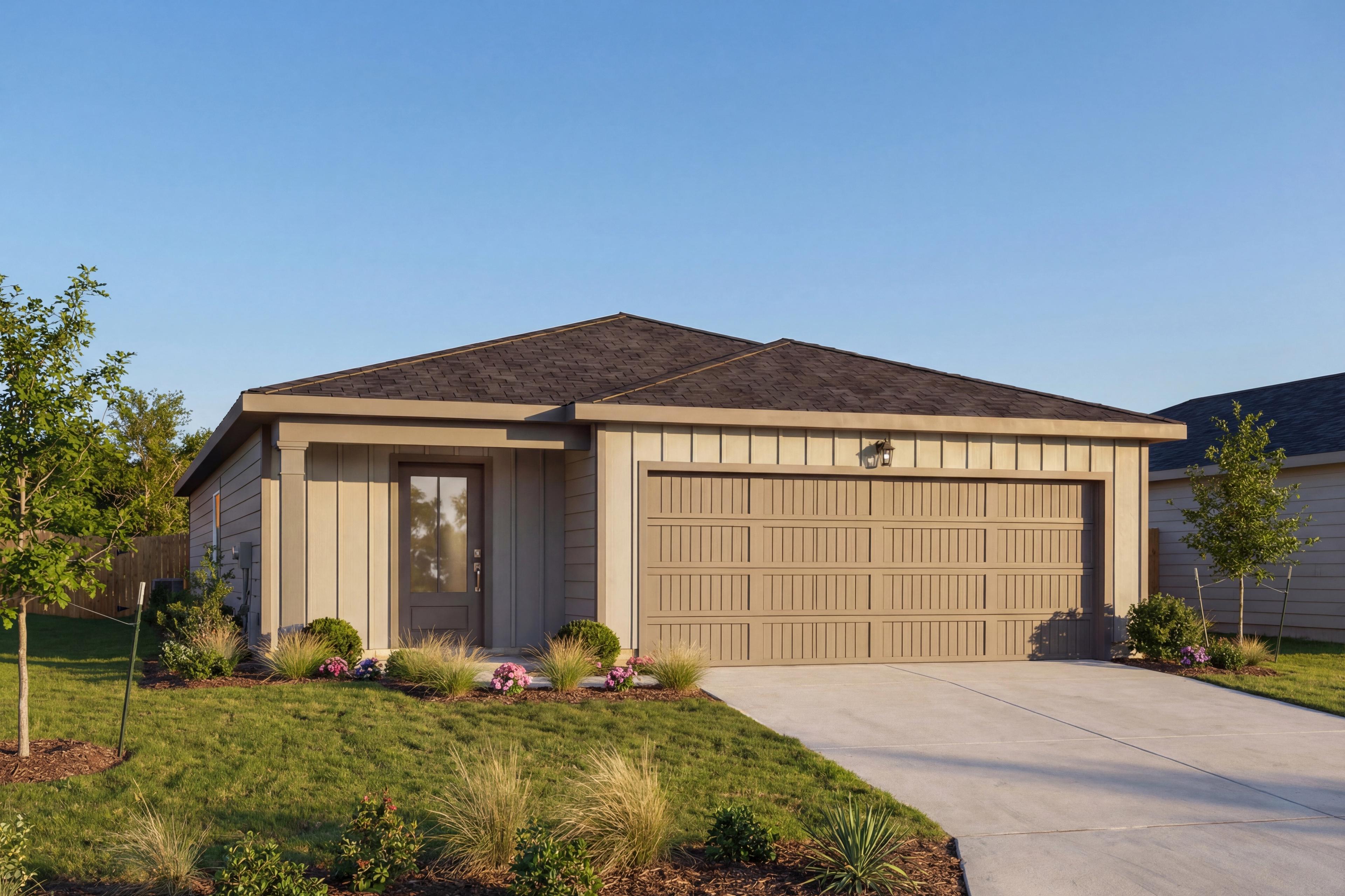 Contemporary front elevation of The Frio single-story home with tan siding, 2-car garage, and landscaped yard