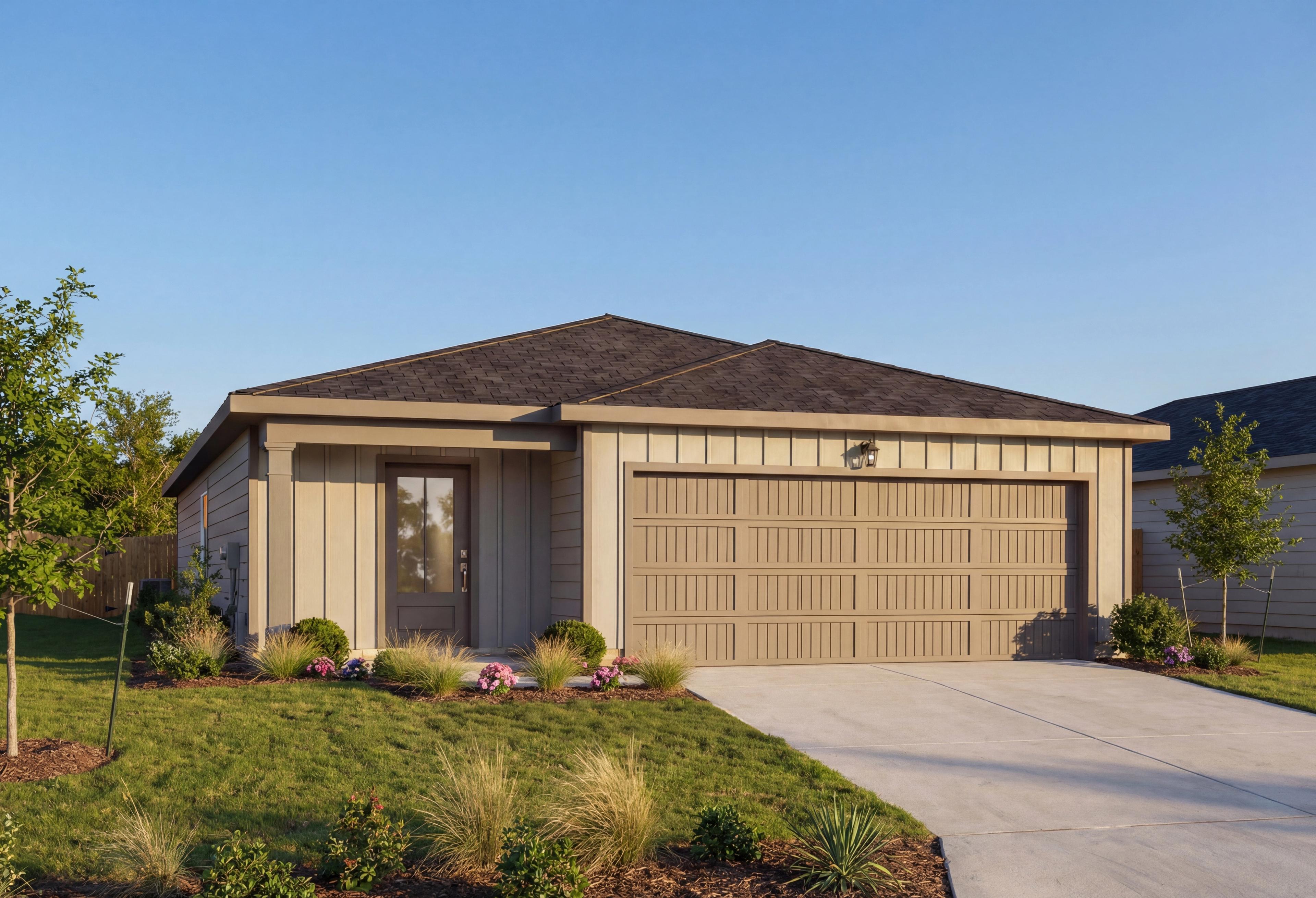Contemporary front elevation of The Frio single-story home with tan siding, 2-car garage, and landscaped yard