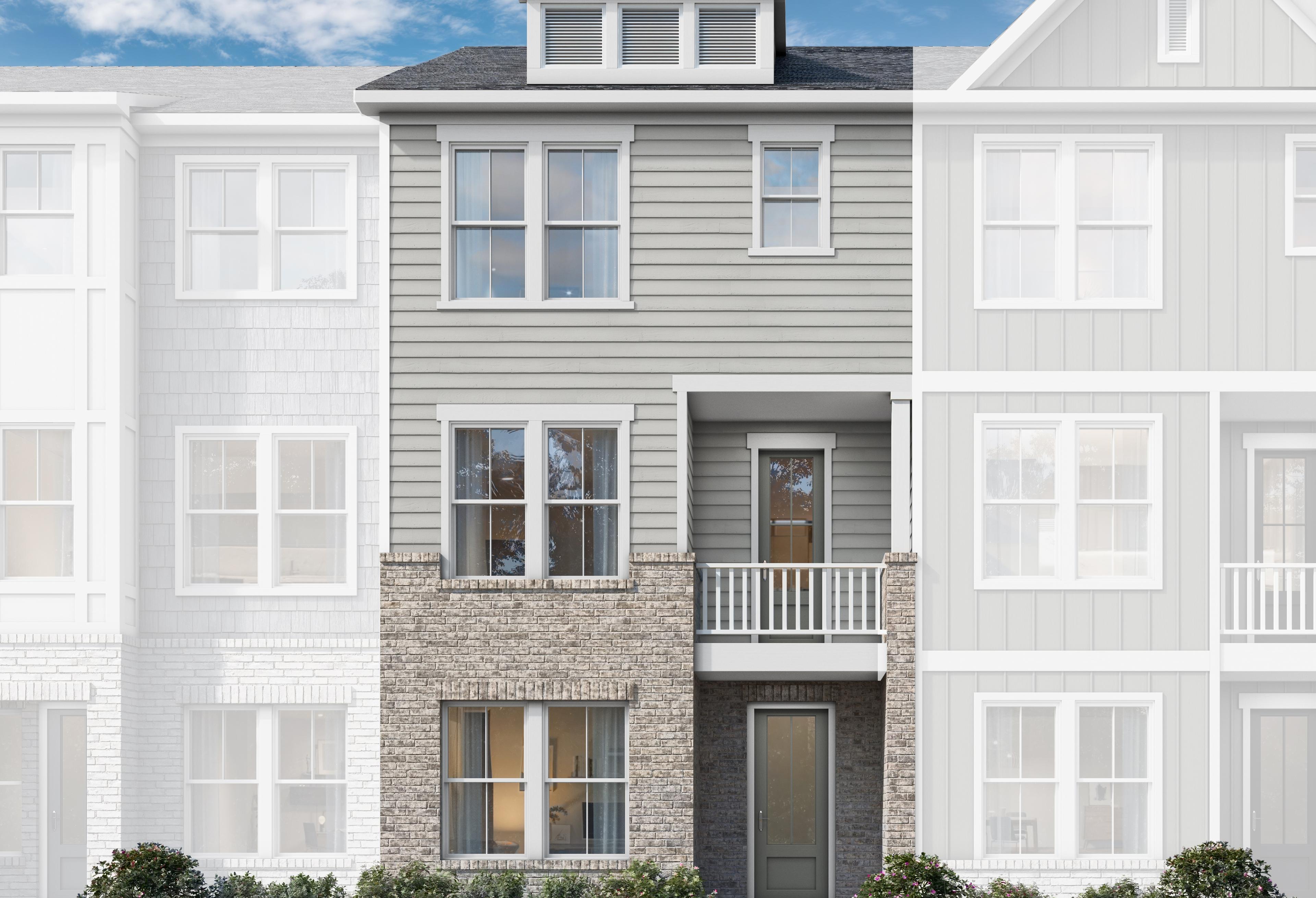 Modern 3-story townhome elevation of The Porter with gray siding, brick accents, balcony, and landscaped walkway in Woodstock GA