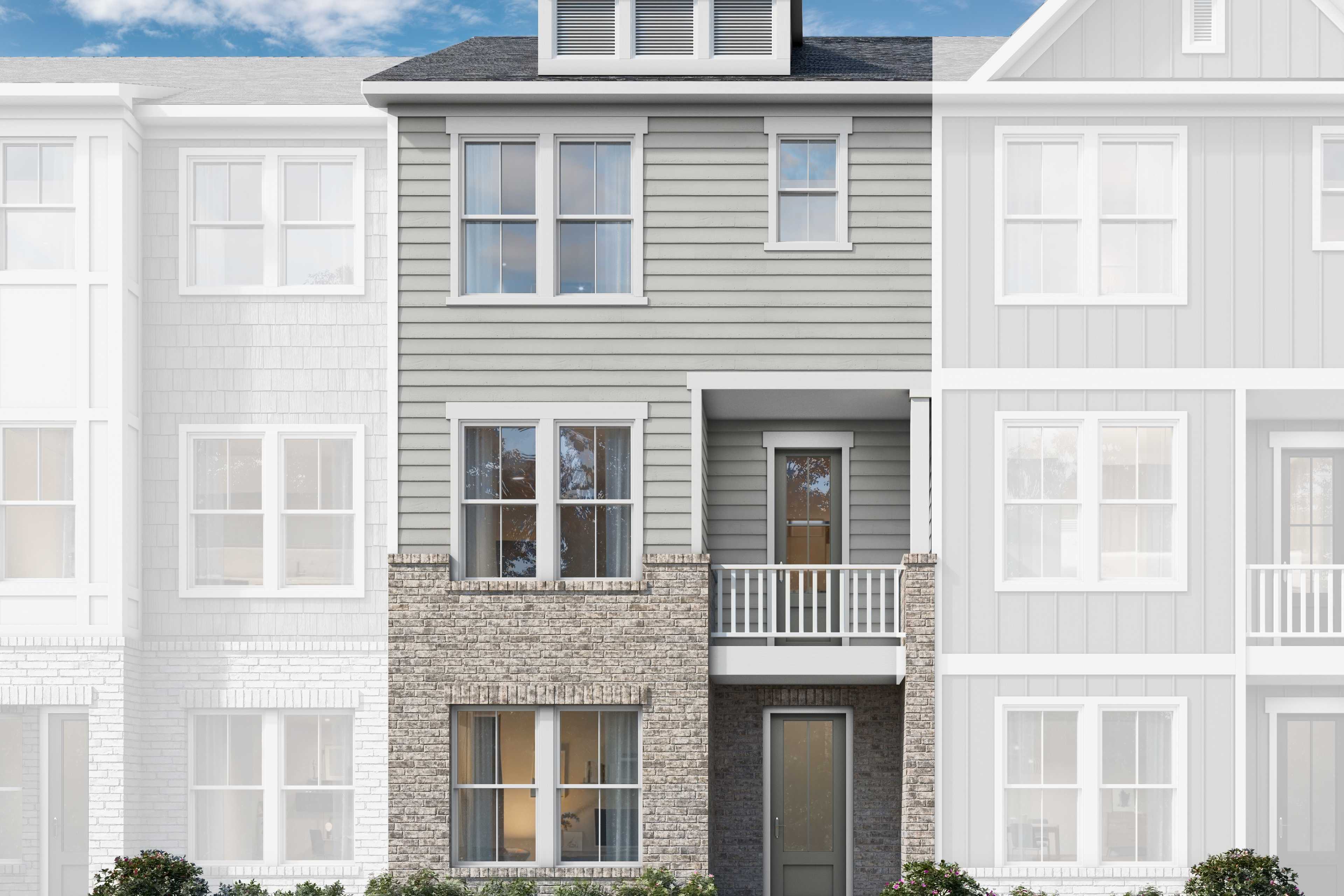 Modern 3-story townhome elevation of The Porter with gray siding, brick accents, balcony, and landscaped walkway in Woodstock GA