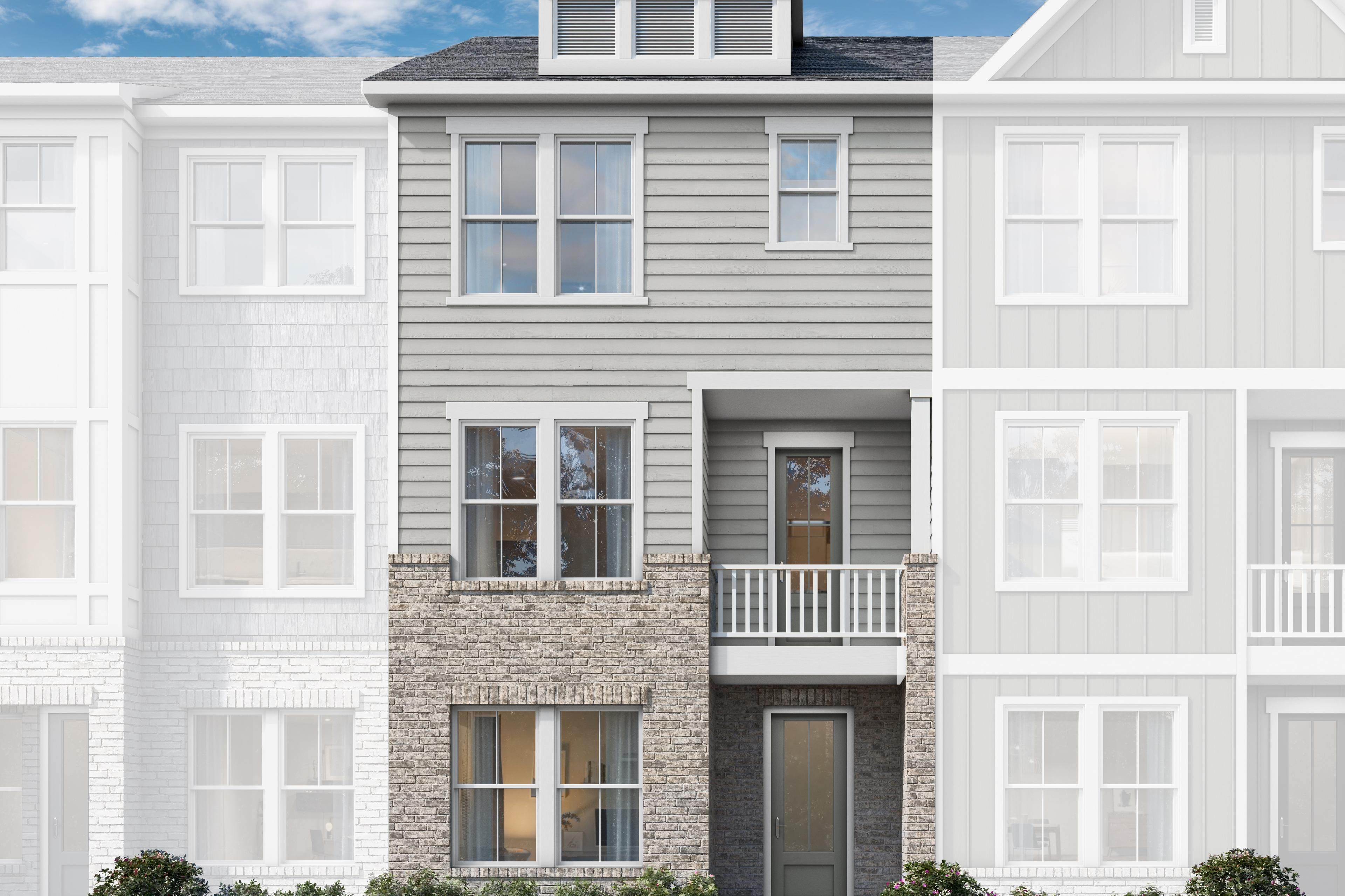Modern 3-story townhome elevation of The Porter with gray siding, brick accents, balcony, and landscaped walkway in Woodstock GA