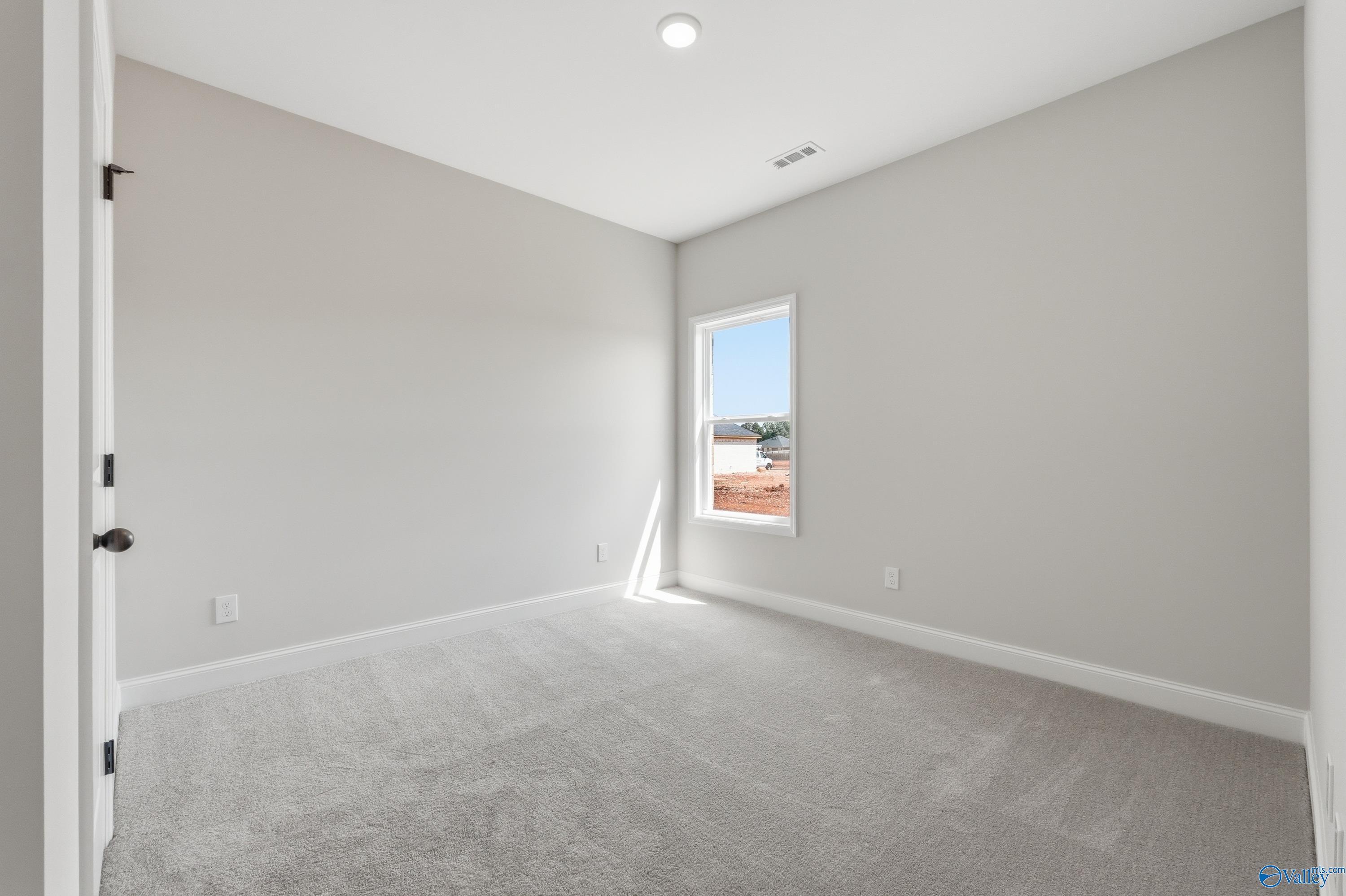 Empty secondary bedroom featuring light gray walls, plush carpet, and sunny window in Davidson Homes The Franklin C, Meridianville, Alabama