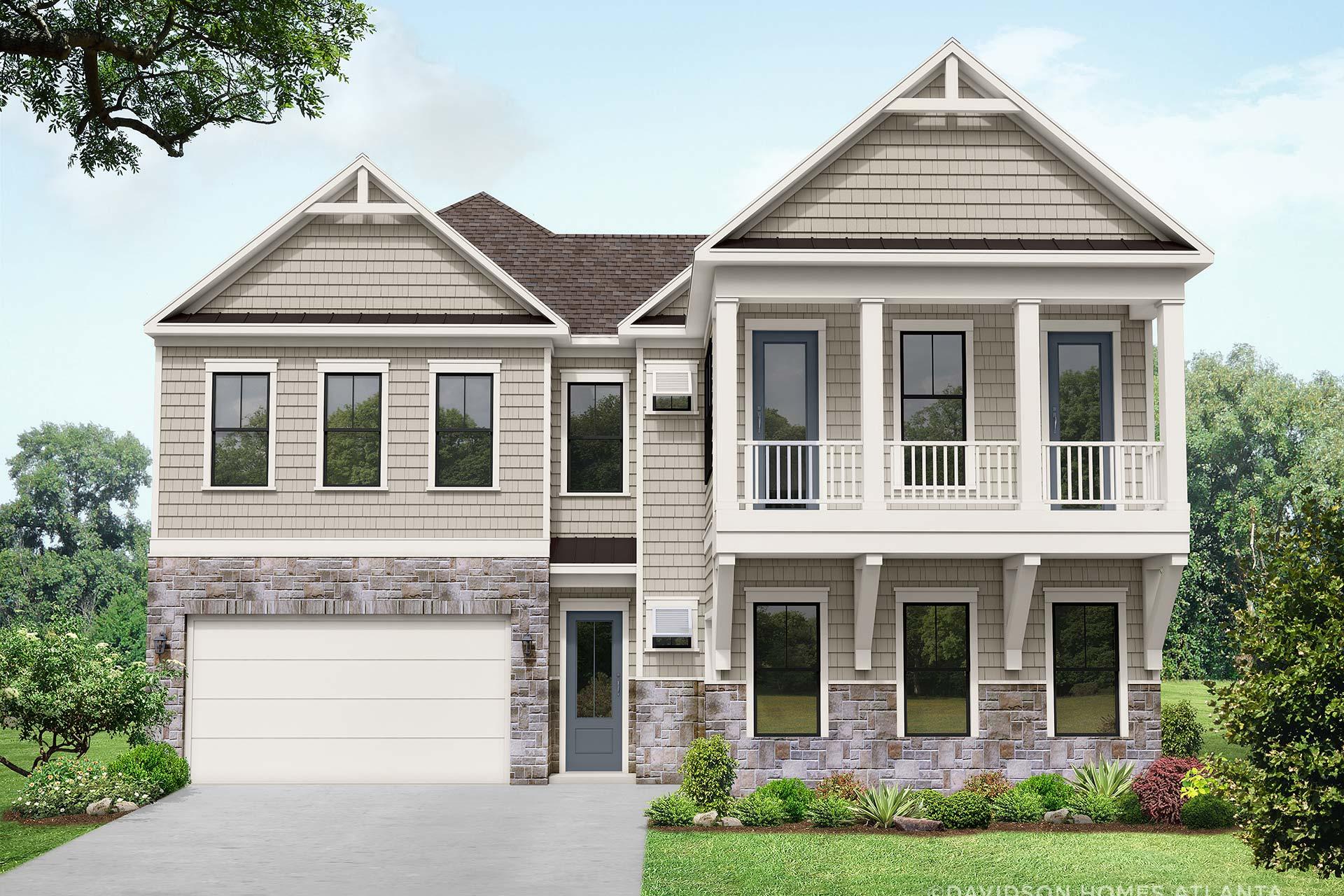 Two-story Seaside B home elevation with beige shaker siding, stone accents, covered porch, balcony, and 3-car garage by Davidson Homes