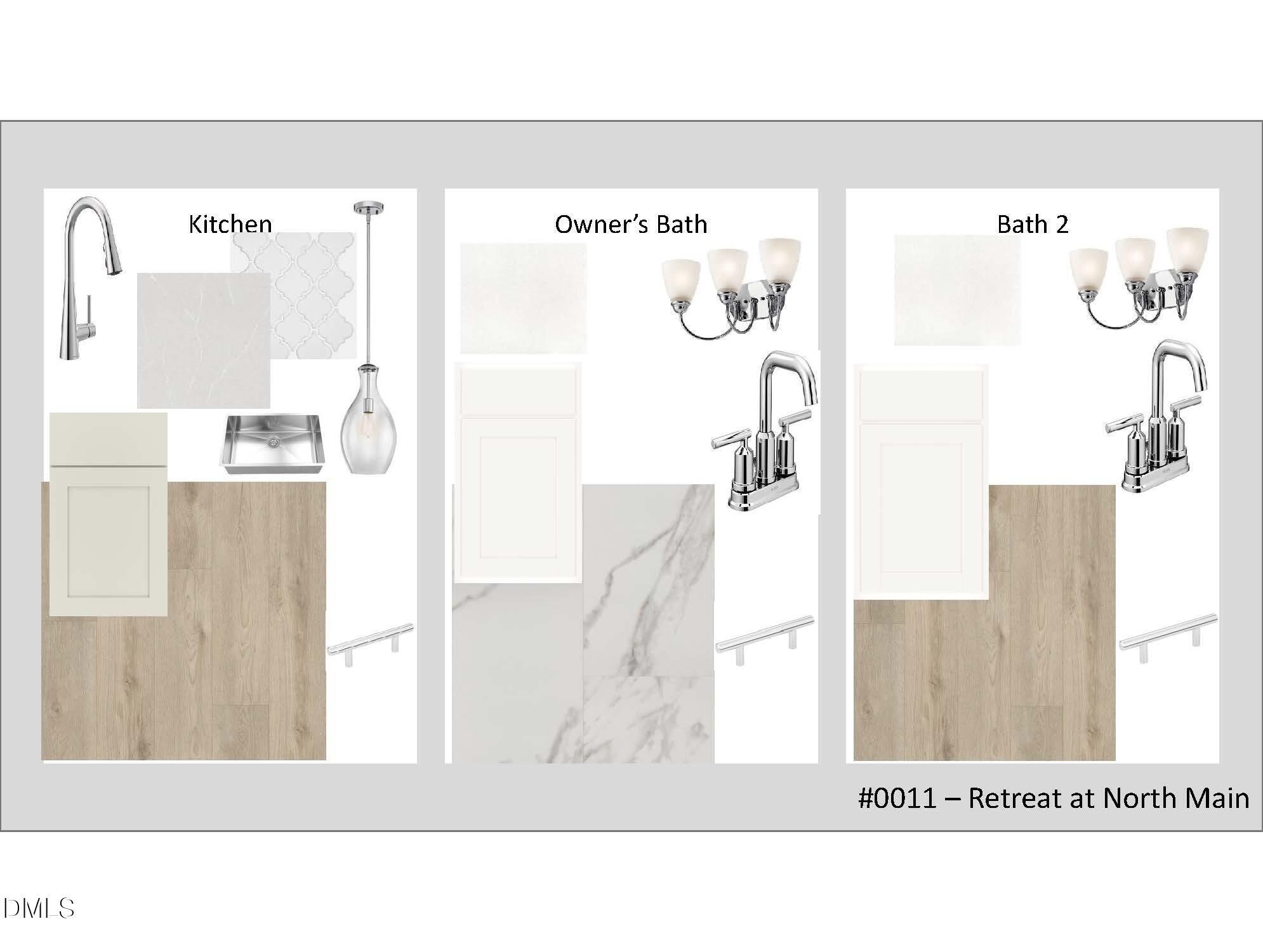 Kitchen and bathroom design board with faucets, marble tiles, pendant lights for The Magnolia B by Davidson Homes in Lillington, NC