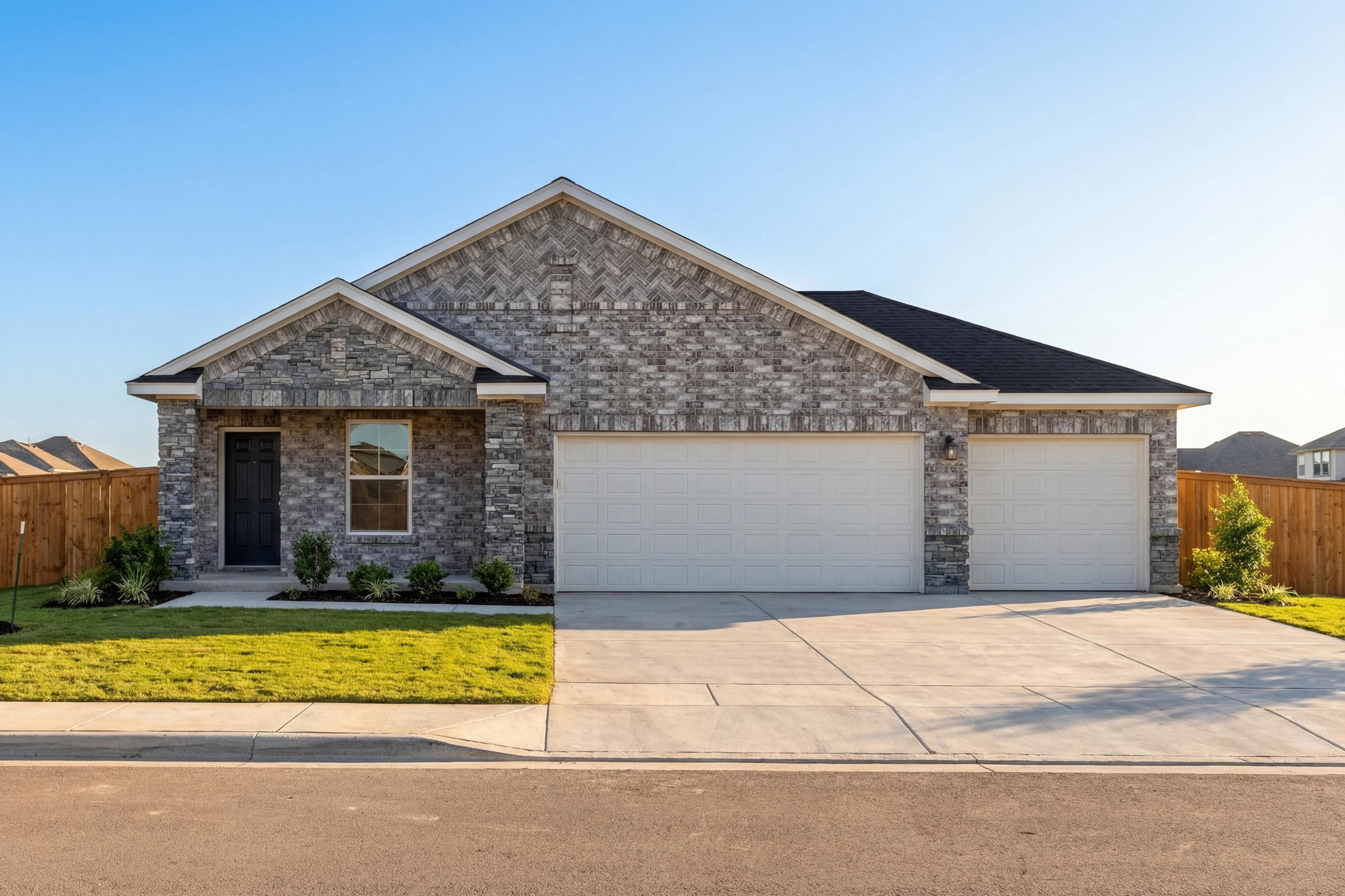 Stylish gray brick exterior of The Riviera C single-story home with 3-car garage and landscaped yard in Rosharon, TX