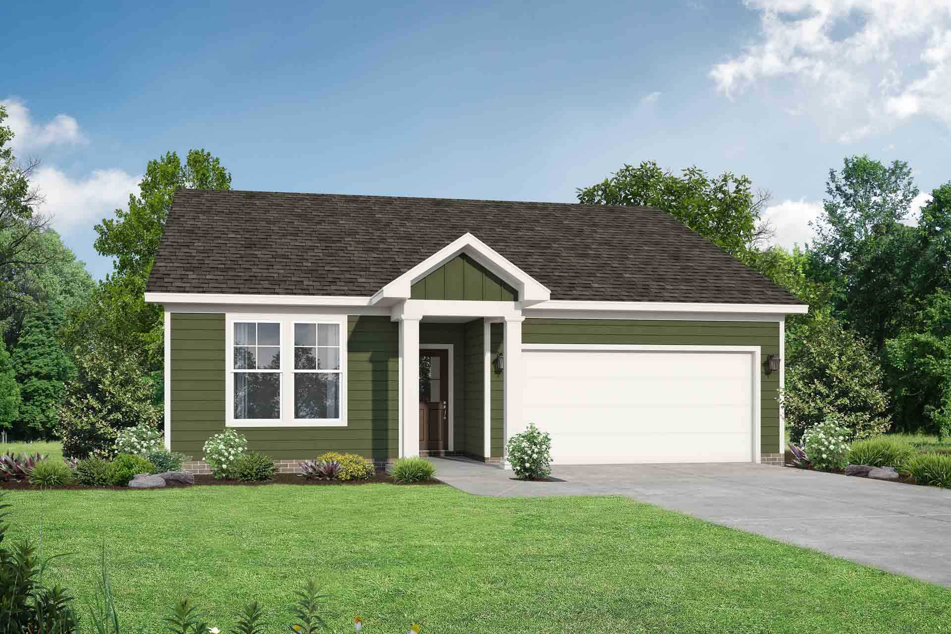 Single-story Asheville home elevation with green siding, white 2-car garage, gabled roof, and lush landscaped front yard
