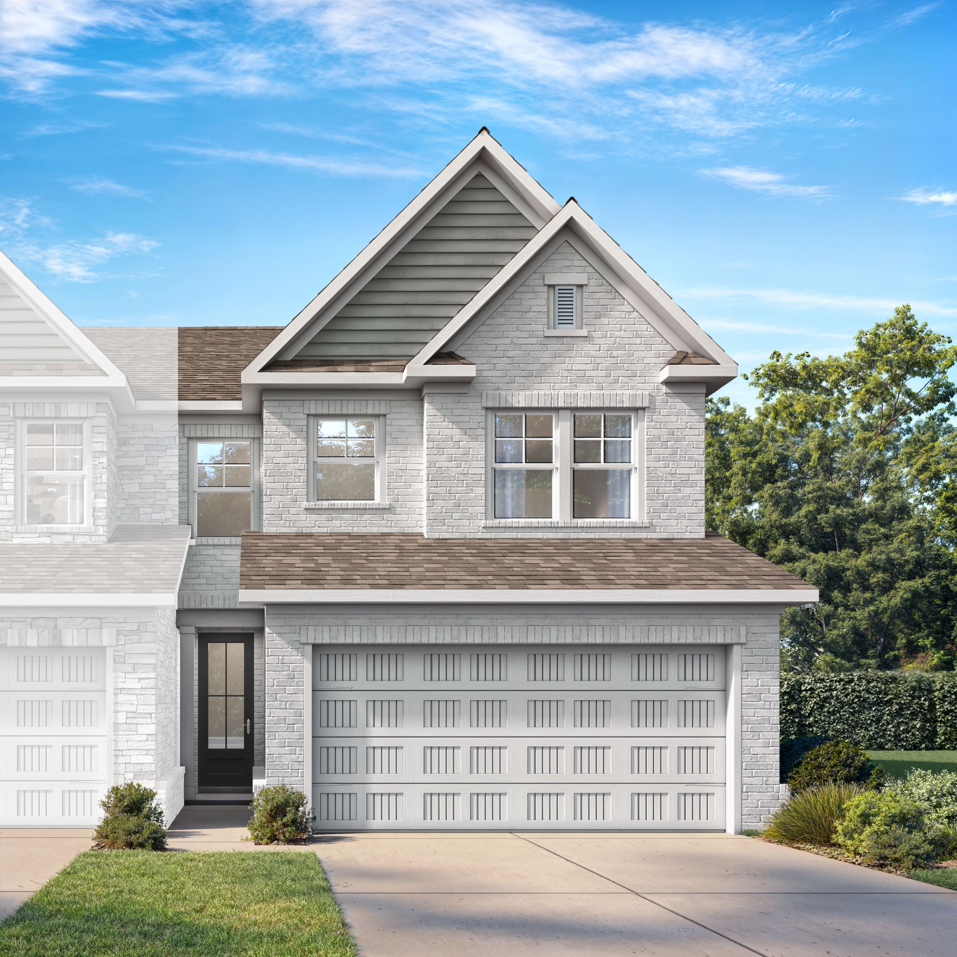 Two-story Cary A-LS brick home elevation with 2-car garage, shingled roof, and lush landscaping in Winder, Georgia