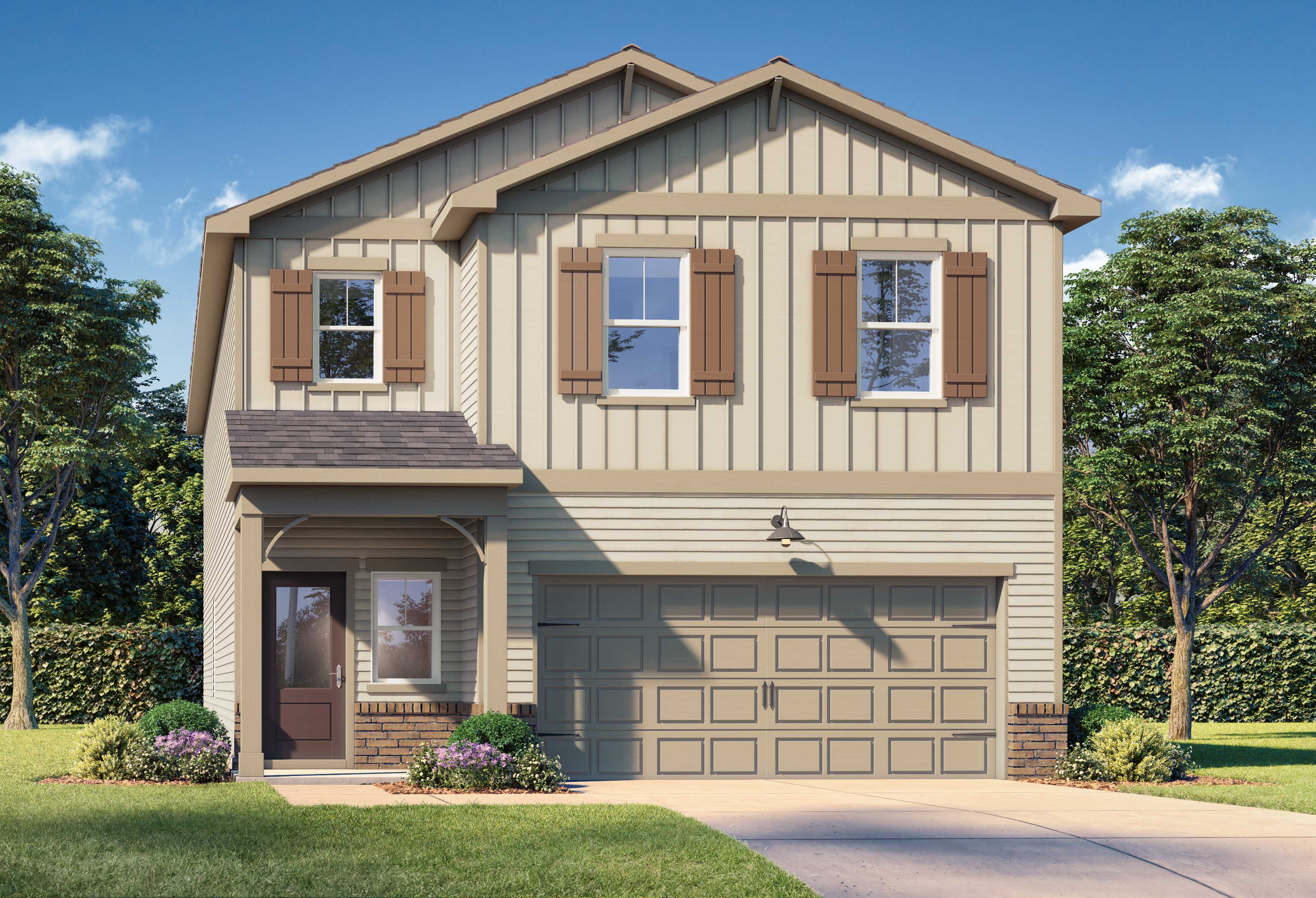 Two-story The Sinclair B home exterior by Davidson Homes in Winder, Georgia, featuring beige siding, brown shutters, front porch, two-car garage