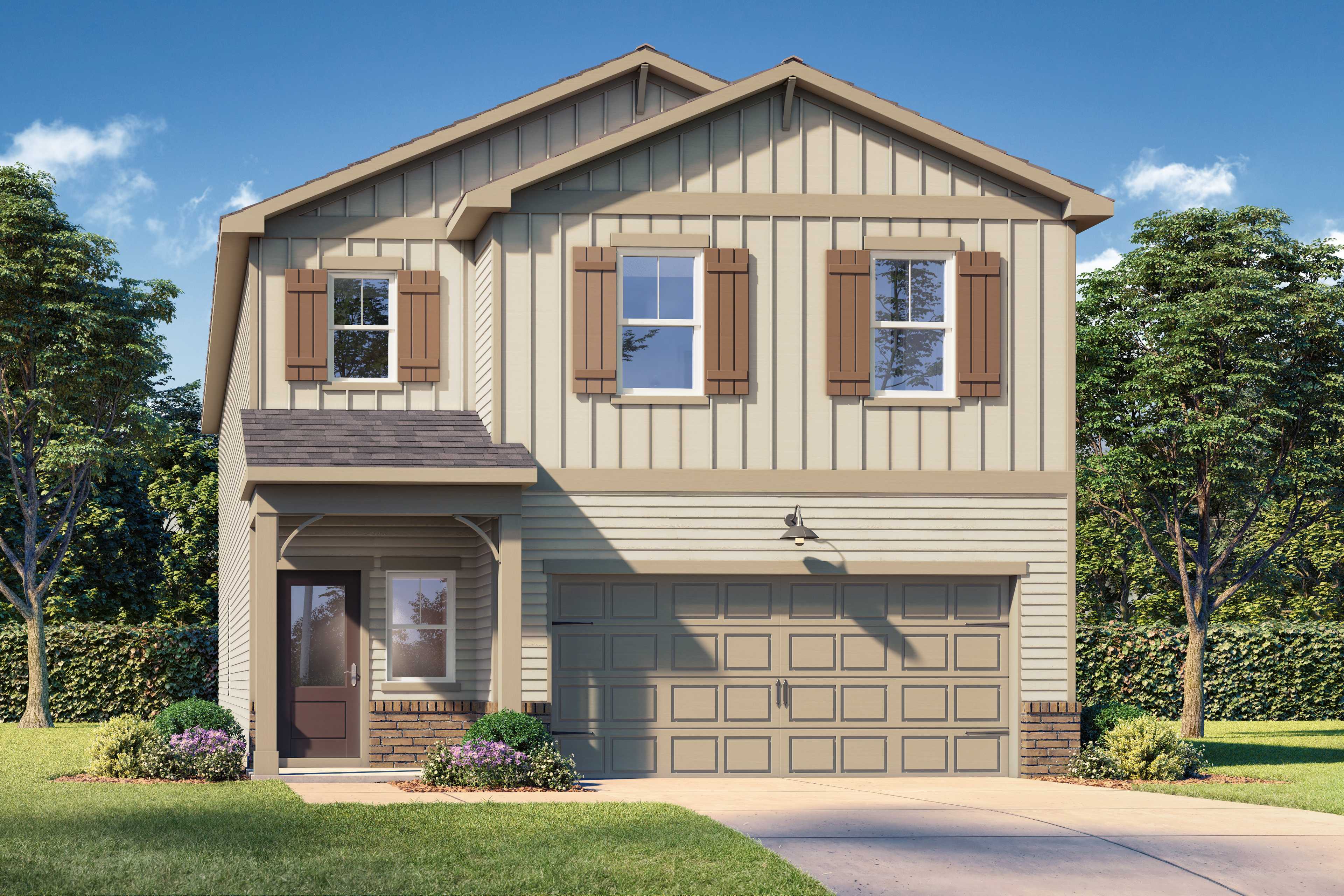 Two-story The Sinclair B home exterior by Davidson Homes in Winder, Georgia, featuring beige siding, brown shutters, front porch, two-car garage