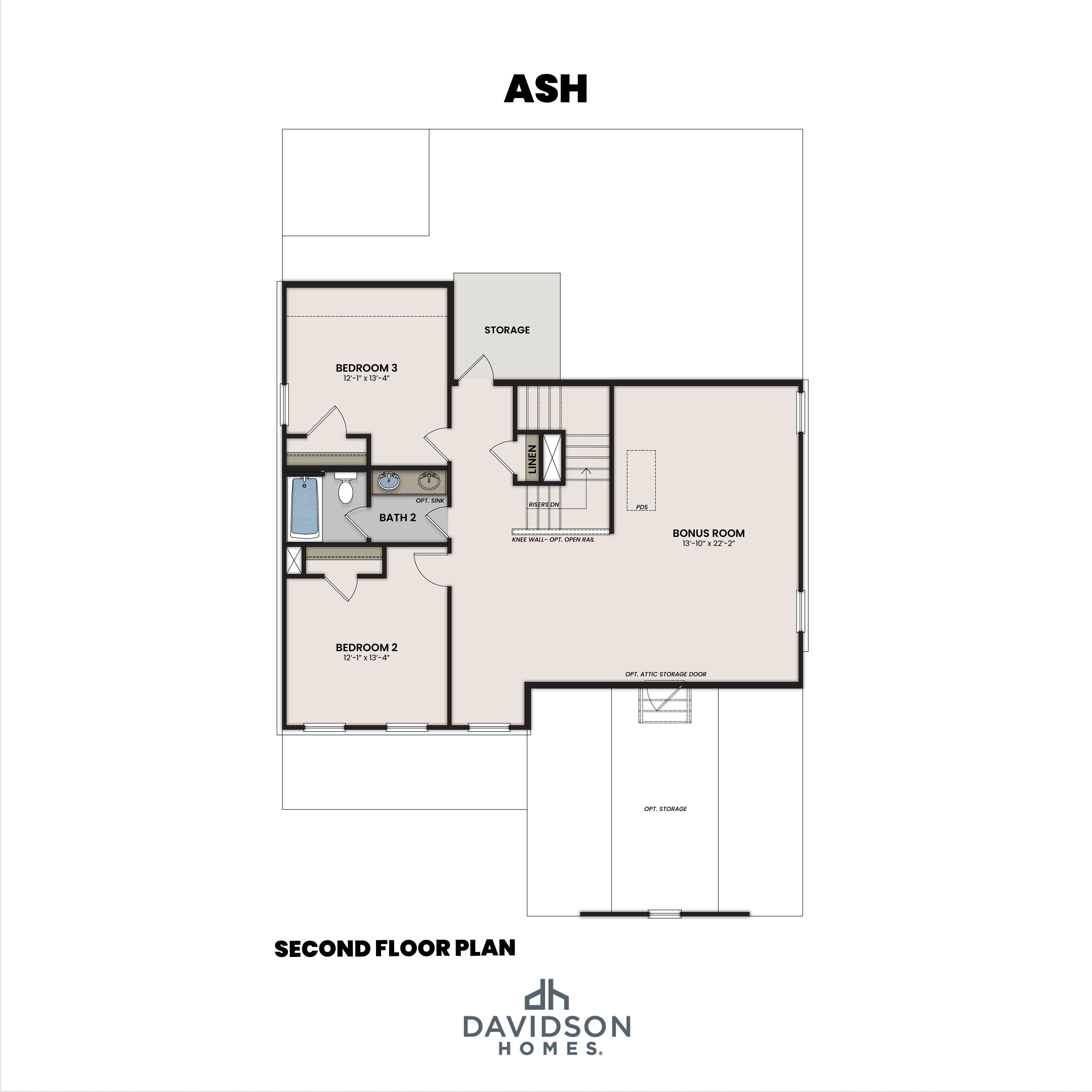 Second floor layout of The Ash by Davidson Homes featuring two bedrooms, a shared bath, and a spacious bonus room.