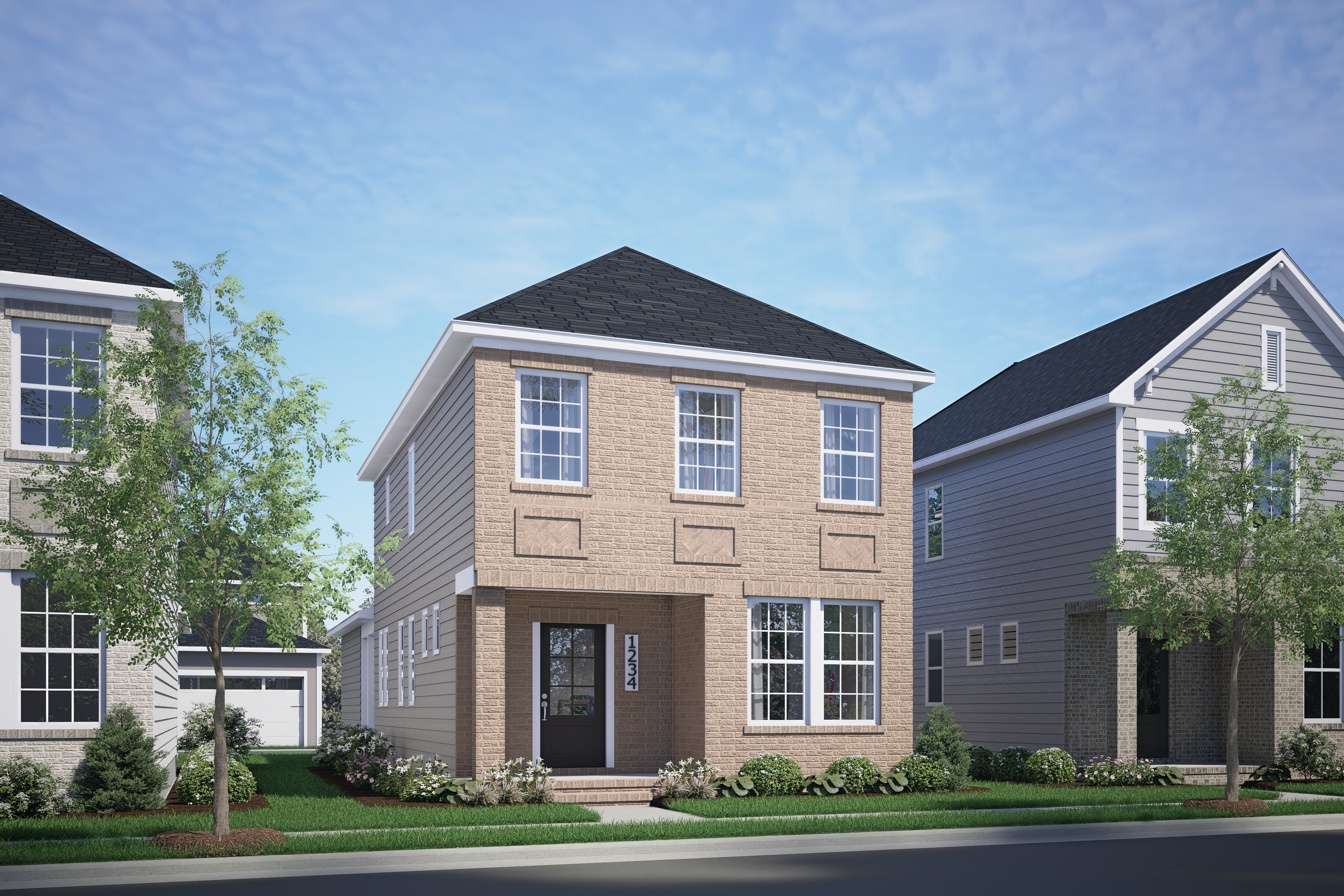 Two-story brick elevation of The Alexander E home by Davidson Homes in Knightdale, NC, with 2-car garage and front porch