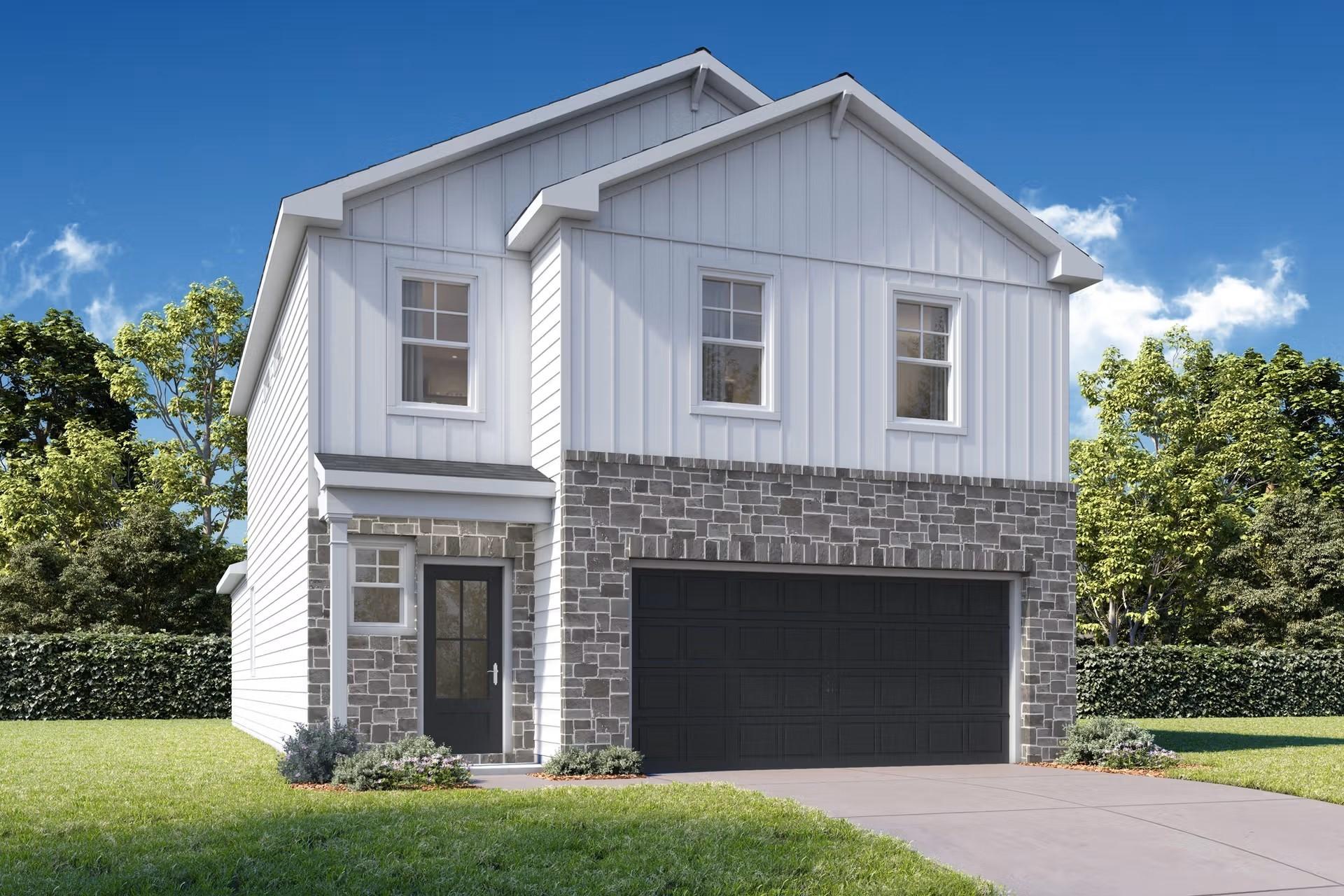Two-story The Brazos E floor plan by Davidson Homes in Heartland, Texas, featuring a white exterior and two-car garage.