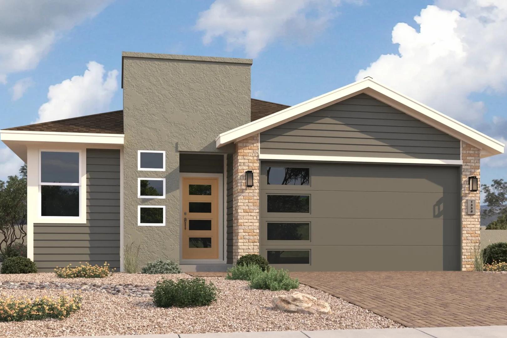 Modern elevation of The Coronado C single-story home with 2-car garage, large windows, and desert landscaping in Prescott Arizona