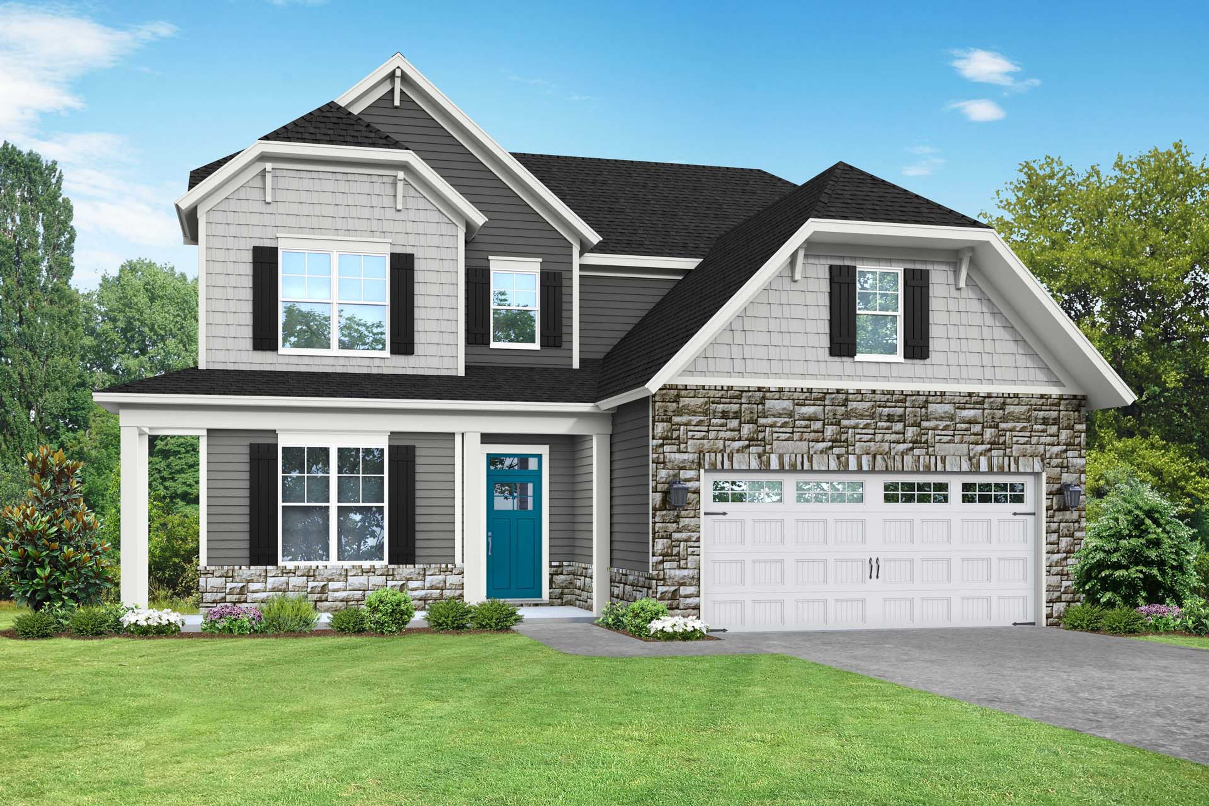 Modern two-story The Ash home exterior featuring gray siding, stone accents, blue front door, two-car garage, and lush landscaping in Angier NC