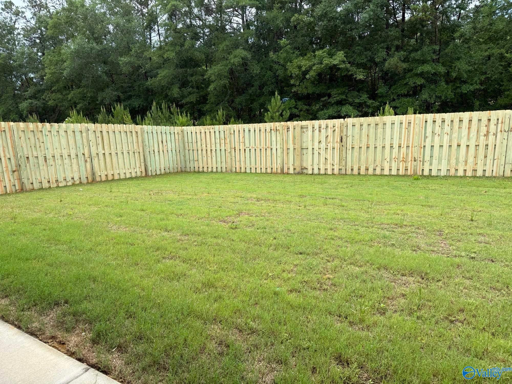 Large private fenced-in backyard with lush green grass at a Davidson Homes property in Cain Park, Hartselle, Alabama.