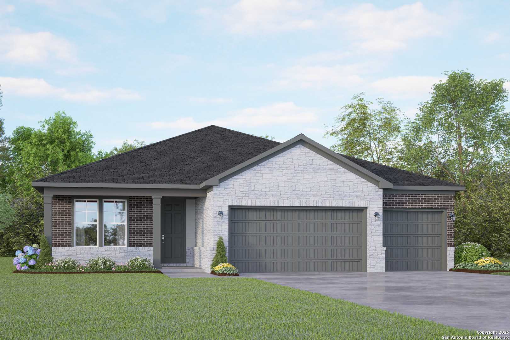 Modern one-story brick home with 3-car garage, dark roof, and landscaped yard in Ladera, San Antonio, Texas