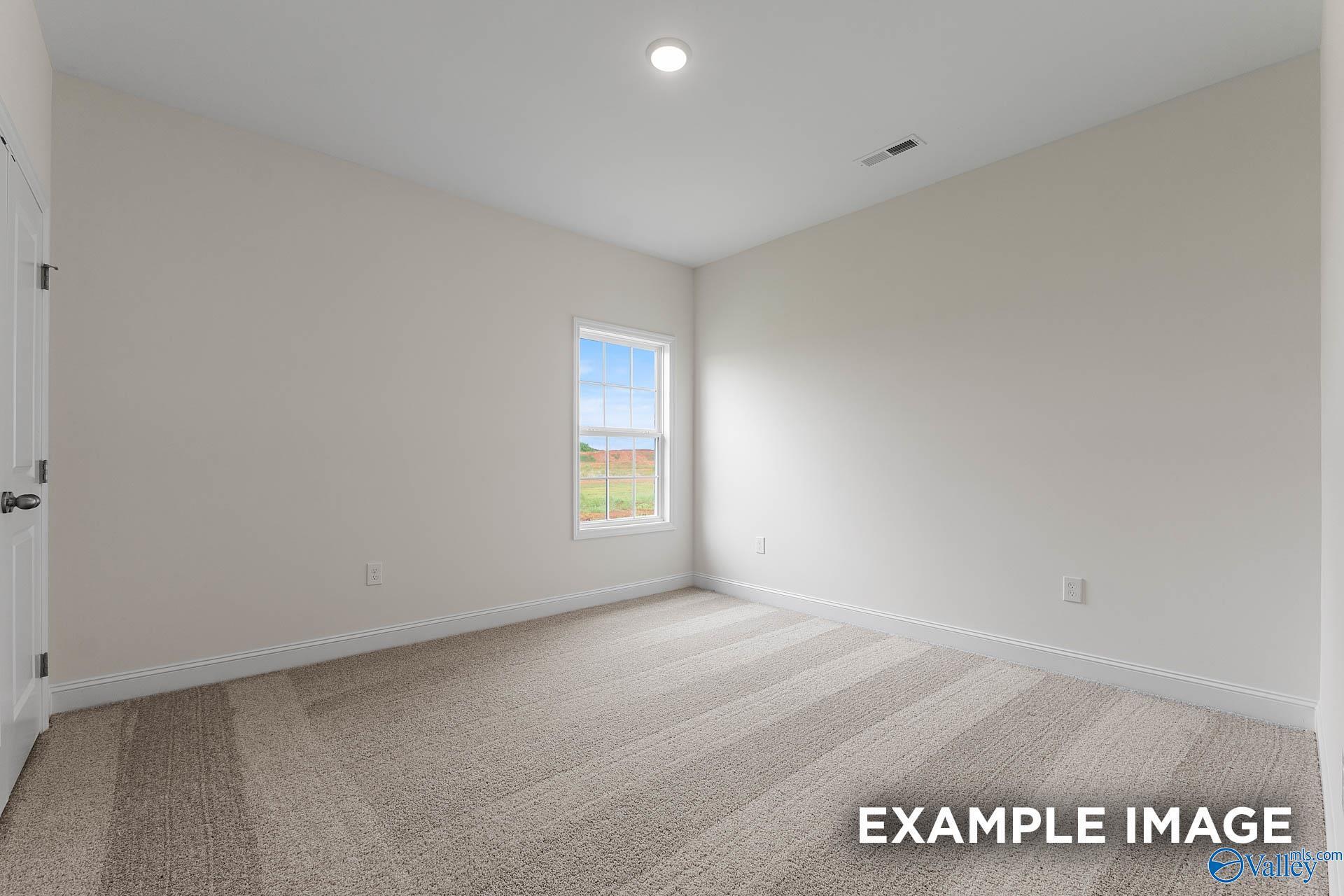 Bright secondary bedroom with beige walls, plush carpet, and window in Davidson Homes The Emory, Toney, Alabama