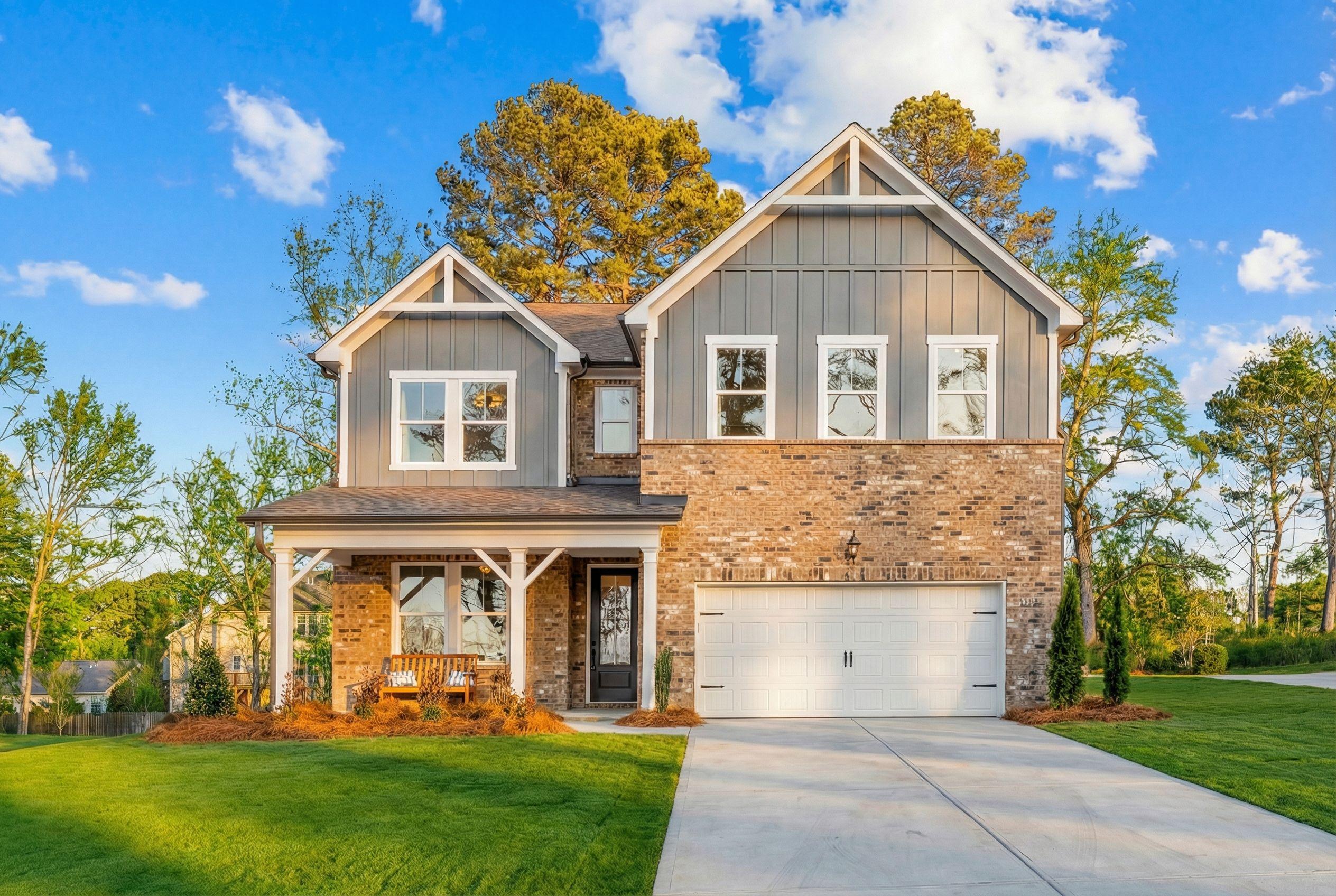 Two-story home exterior at Fern Hollow in Buford, Georgia, built by Davidson Homes with brick facade and covered front porch.