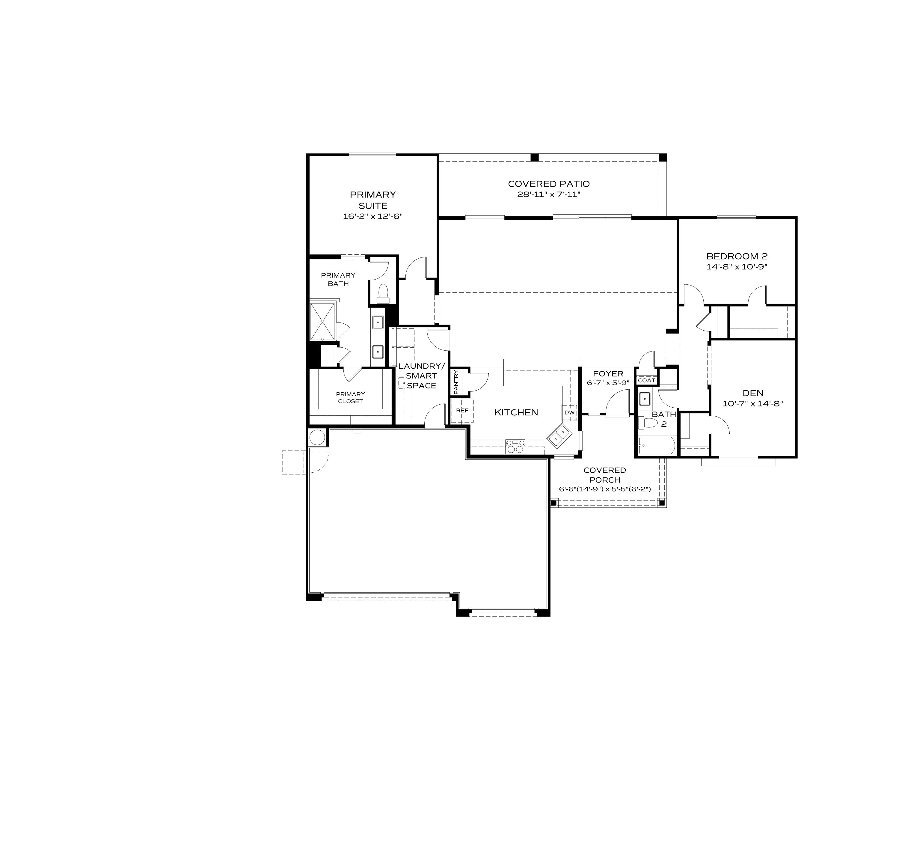 The Daybreak single-story floor plan with primary suite, open kitchen, den, covered patio, and 3-car garage by Davidson Homes in Prescott AZ