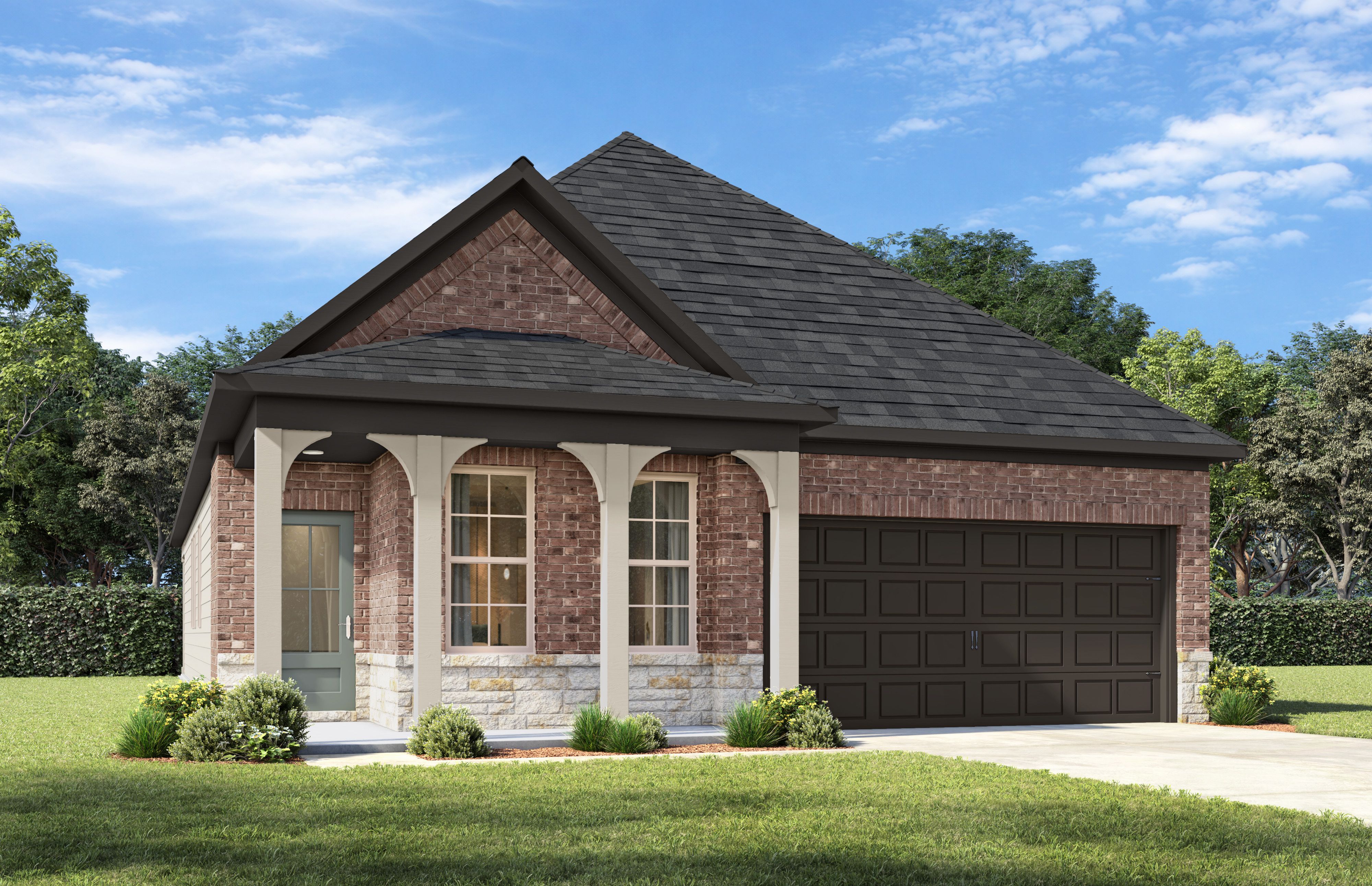 The Westfield G elevation by Davidson Homes featuring a brick and stone exterior with a 2-car garage in Crosby, Texas.