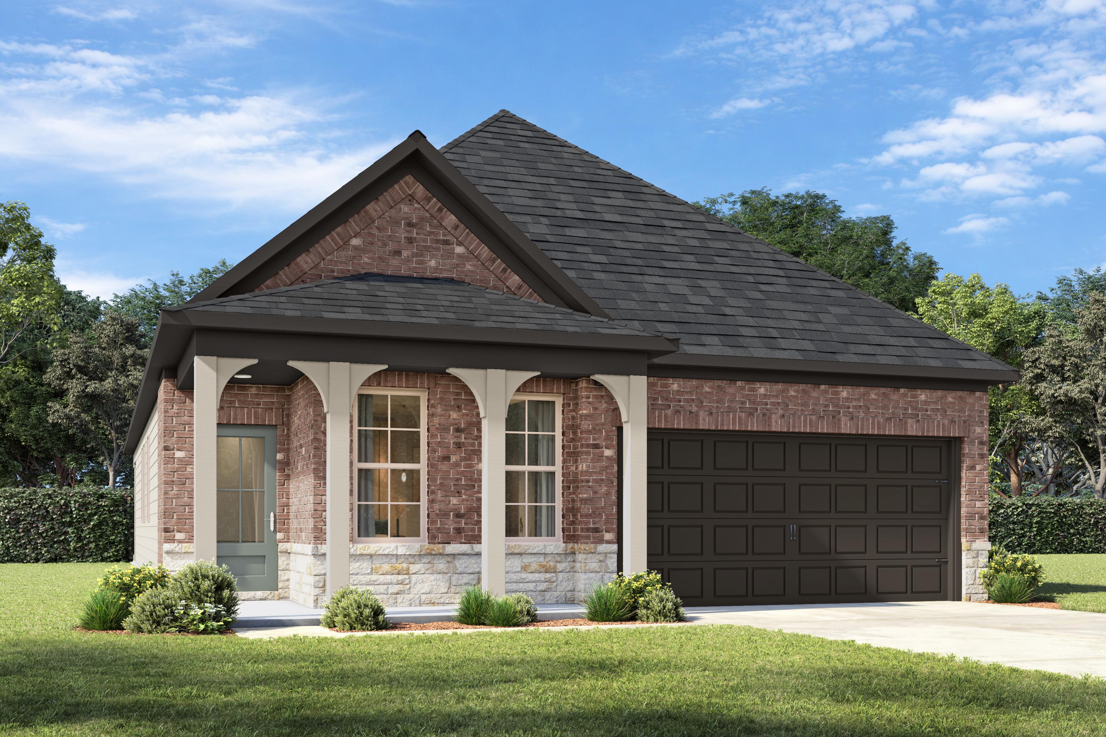 The Westfield G elevation by Davidson Homes featuring a brick and stone exterior with a 2-car garage in Crosby, Texas.