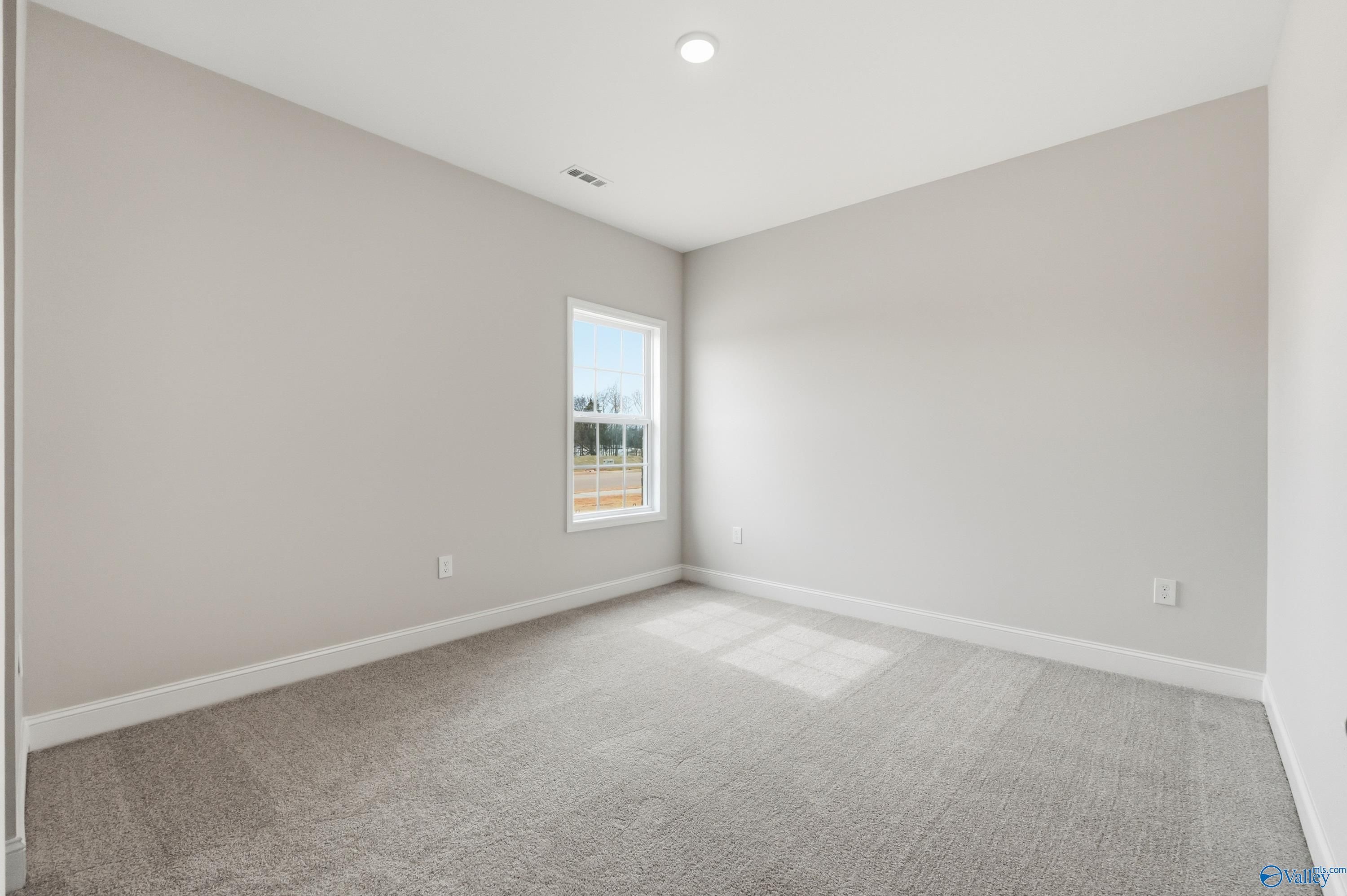 Bright secondary bedroom with light gray walls, plush gray carpet, and sunlit window in Davidson Homes The Finleigh, Meridianville, Alabama