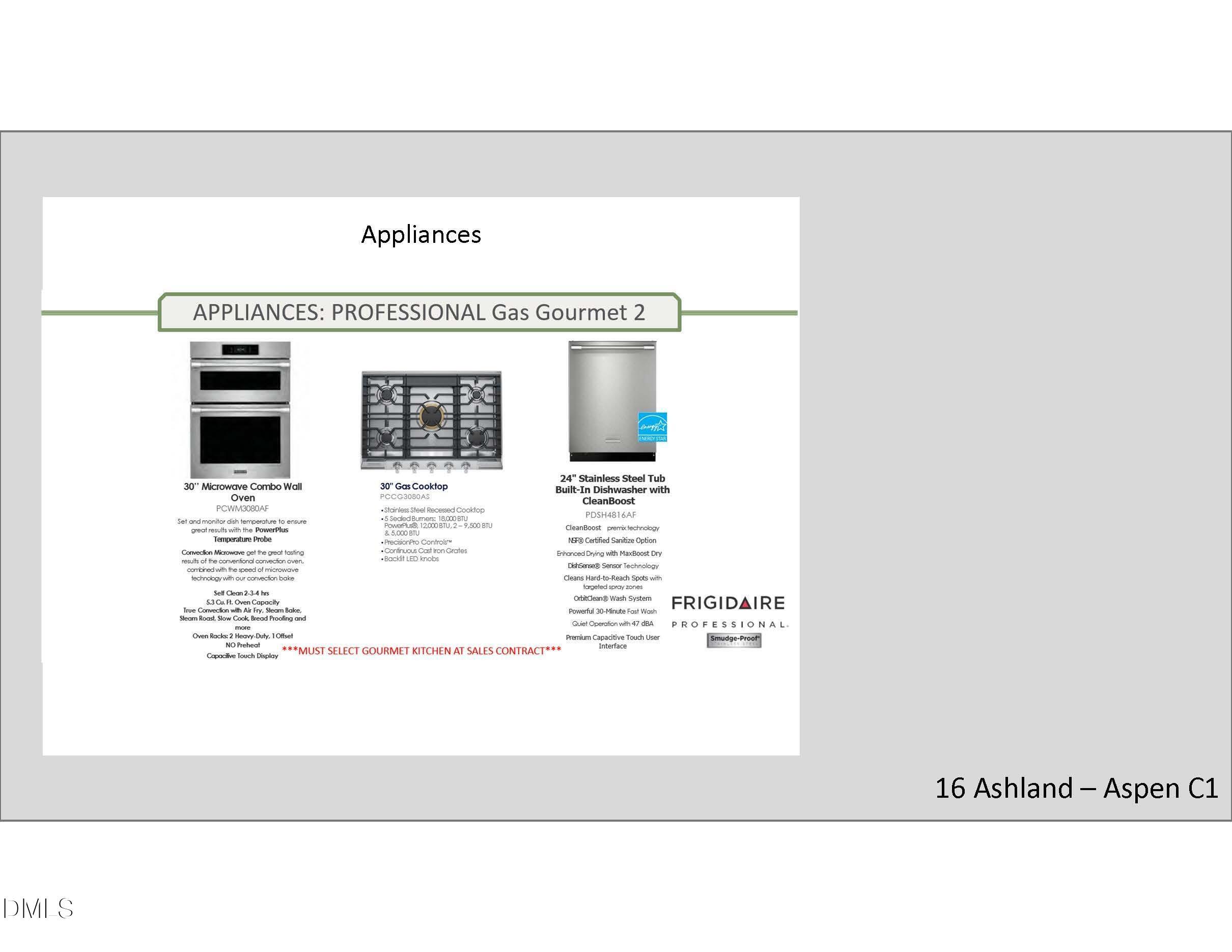 Frigidaire Professional gas cooktop, microwave combo wall oven, and dishwasher for The Aspen C home in Ashland, Apex, NC.
