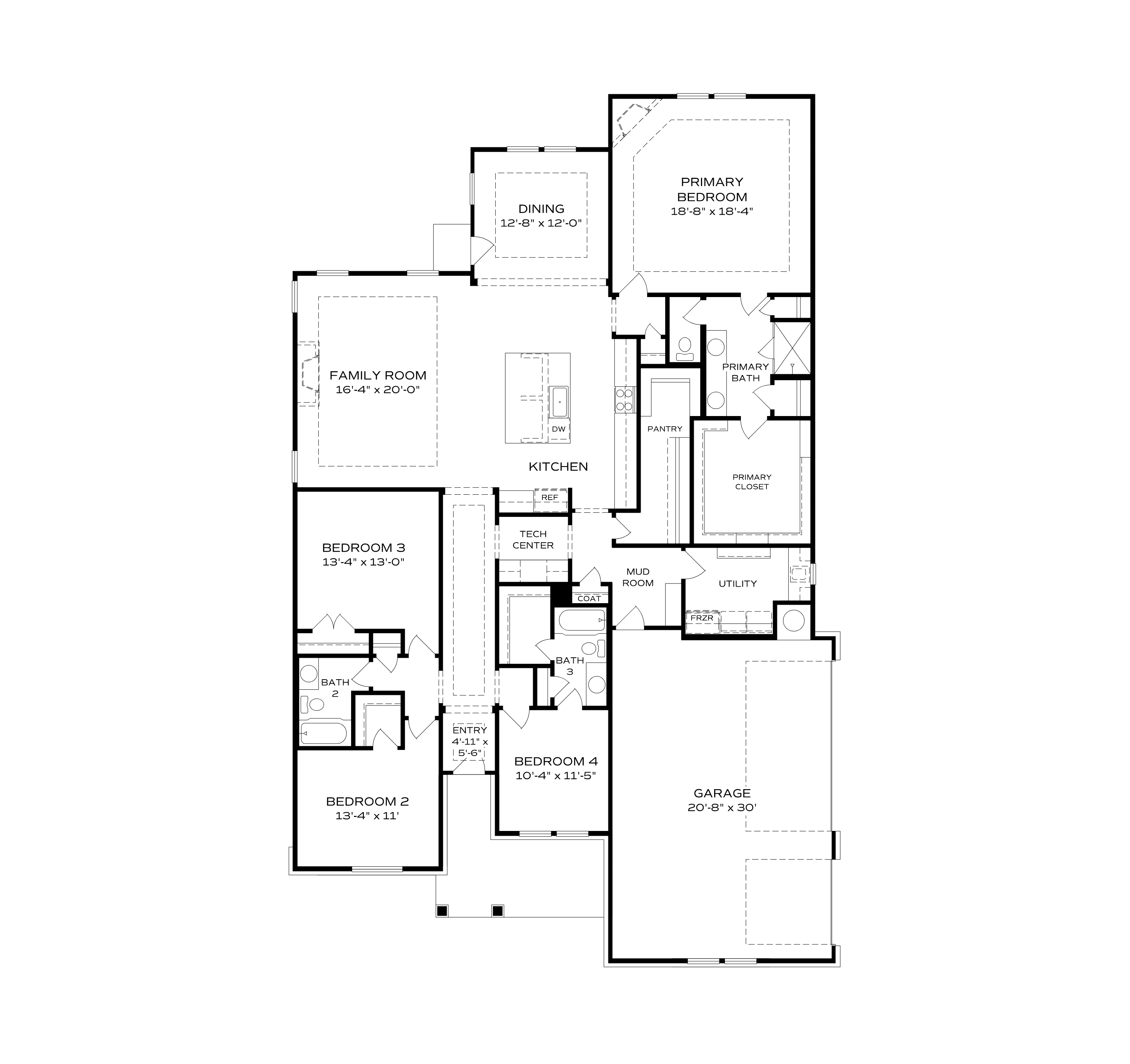 The Arcadia M 4-bedroom one-story floor plan by Evermore Homes, open kitchen-family room, primary suite, 3-car garage