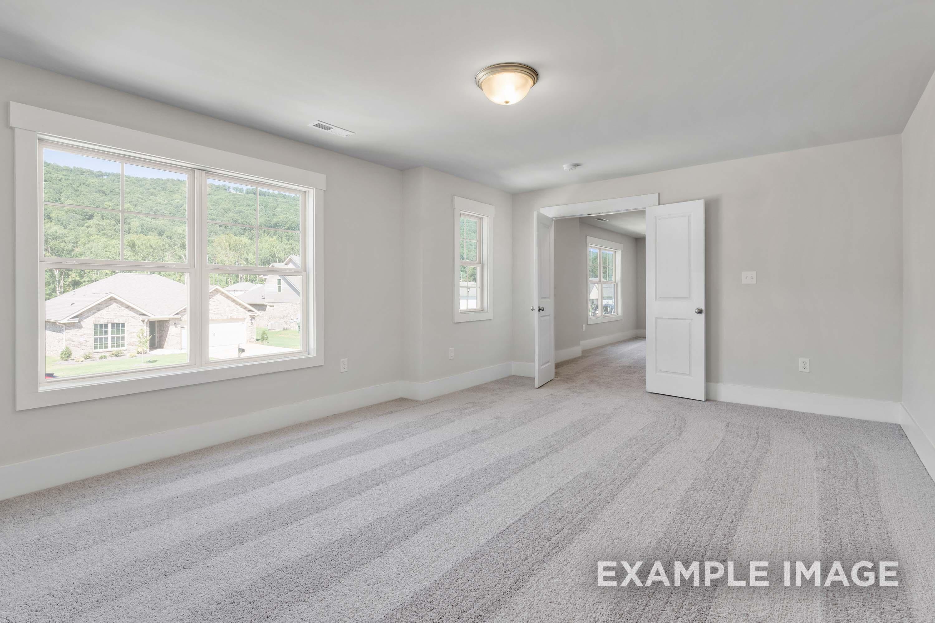 Spacious bedroom in The Richmond D featuring plush carpeting, neutral walls, and large windows with mountain views.