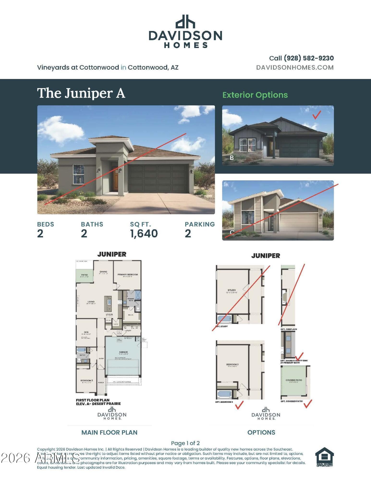 Davidson Homes The Juniper floor plan flyer with elevation renderings and floor plan for 2-bed, 2-bath, 1,640 sq ft home in Cottonwood, AZ