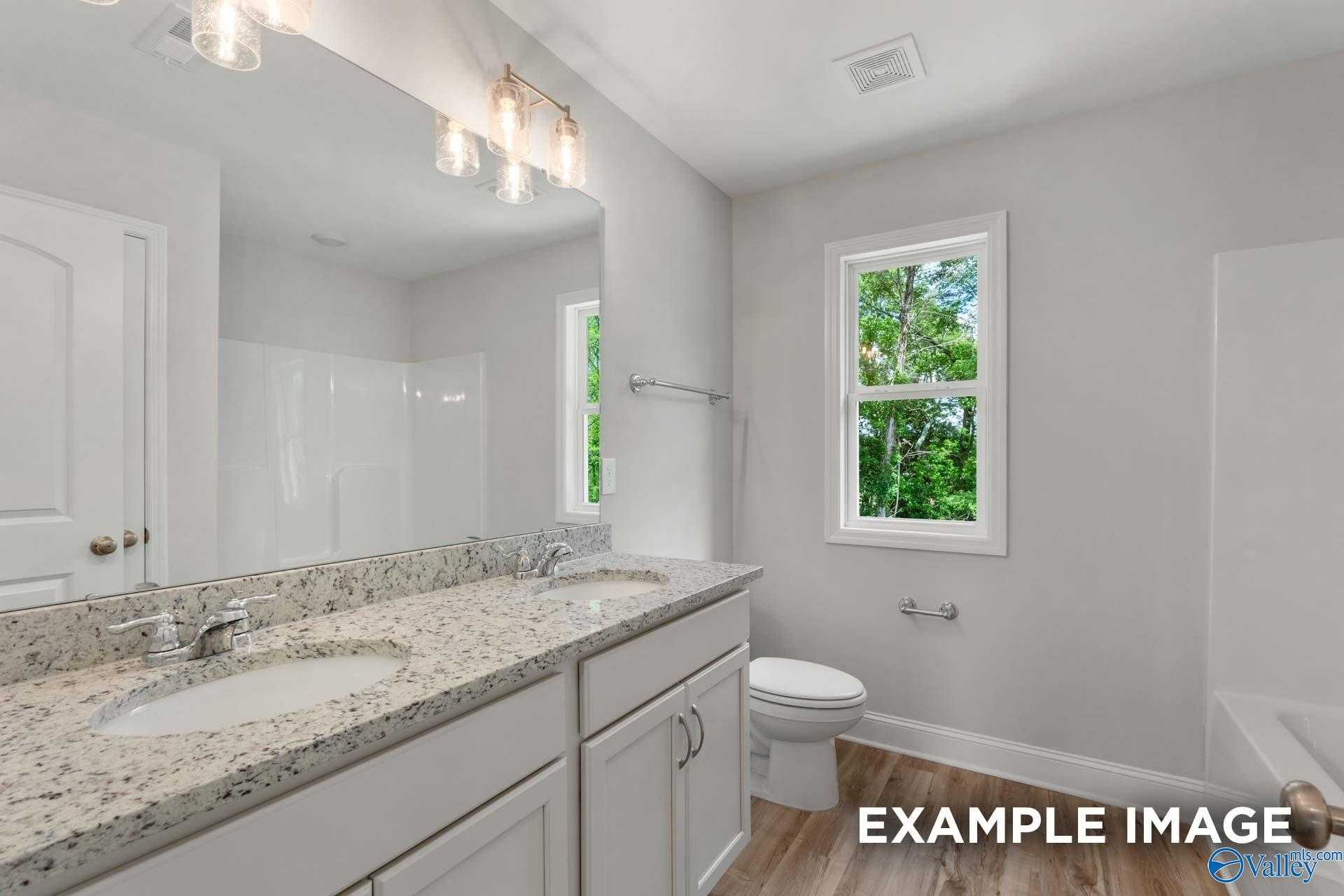 Modern bathroom featuring granite vanity, deep soaking tub, toilet, and window with lush greenery view in Davidson Homes Shelby C, Meridianville, AL