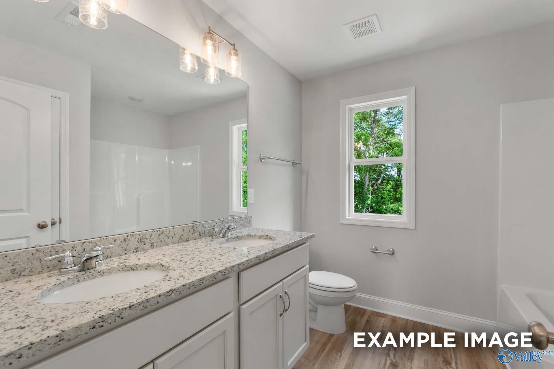 Modern bathroom featuring granite vanity, deep soaking tub, toilet, and window with lush greenery view in Davidson Homes Shelby C, Meridianville, AL