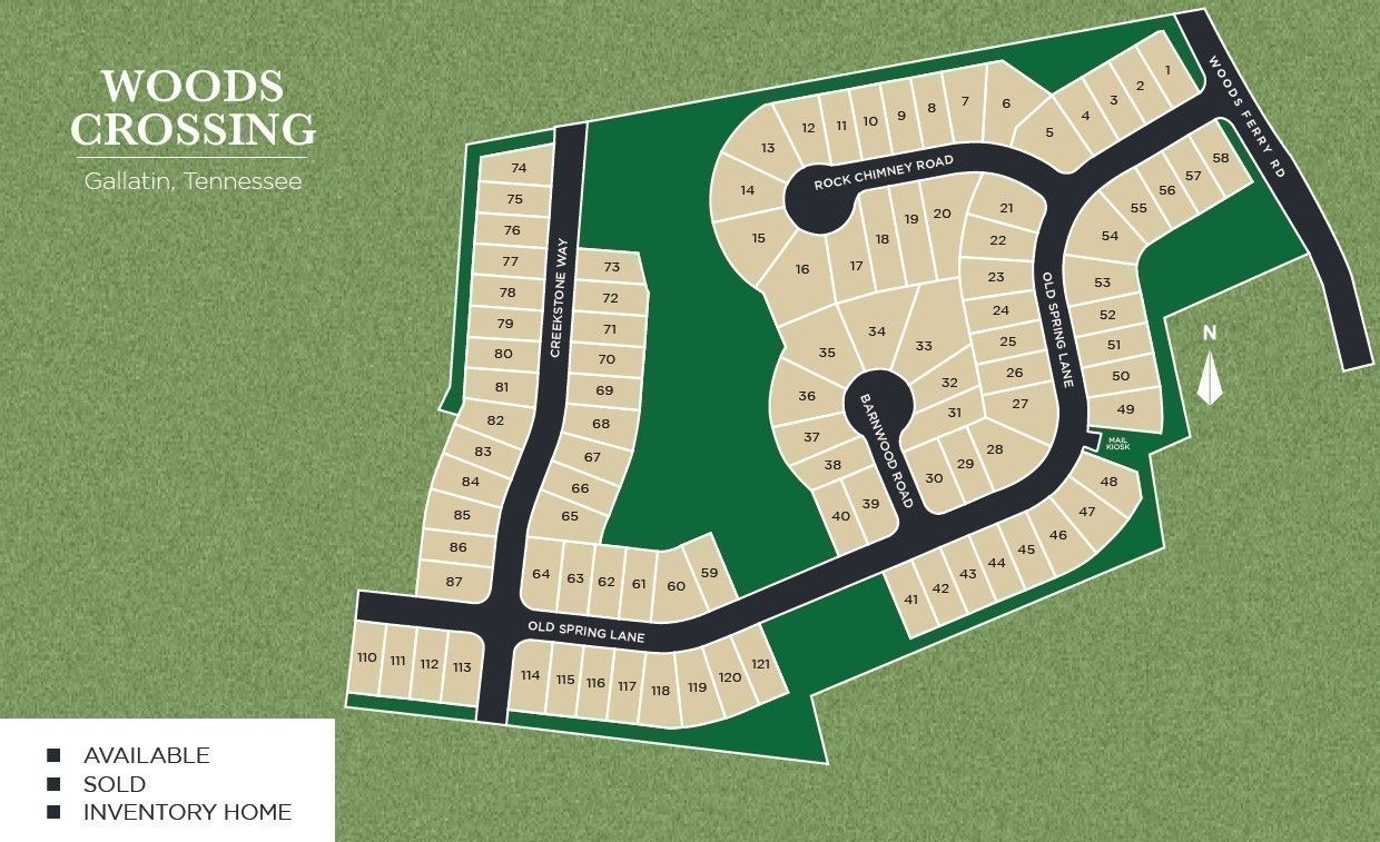 Woods Crossing site plan in Gallatin, Tennessee, showing available home lots, streets like Mockingbird Lane, and green spaces