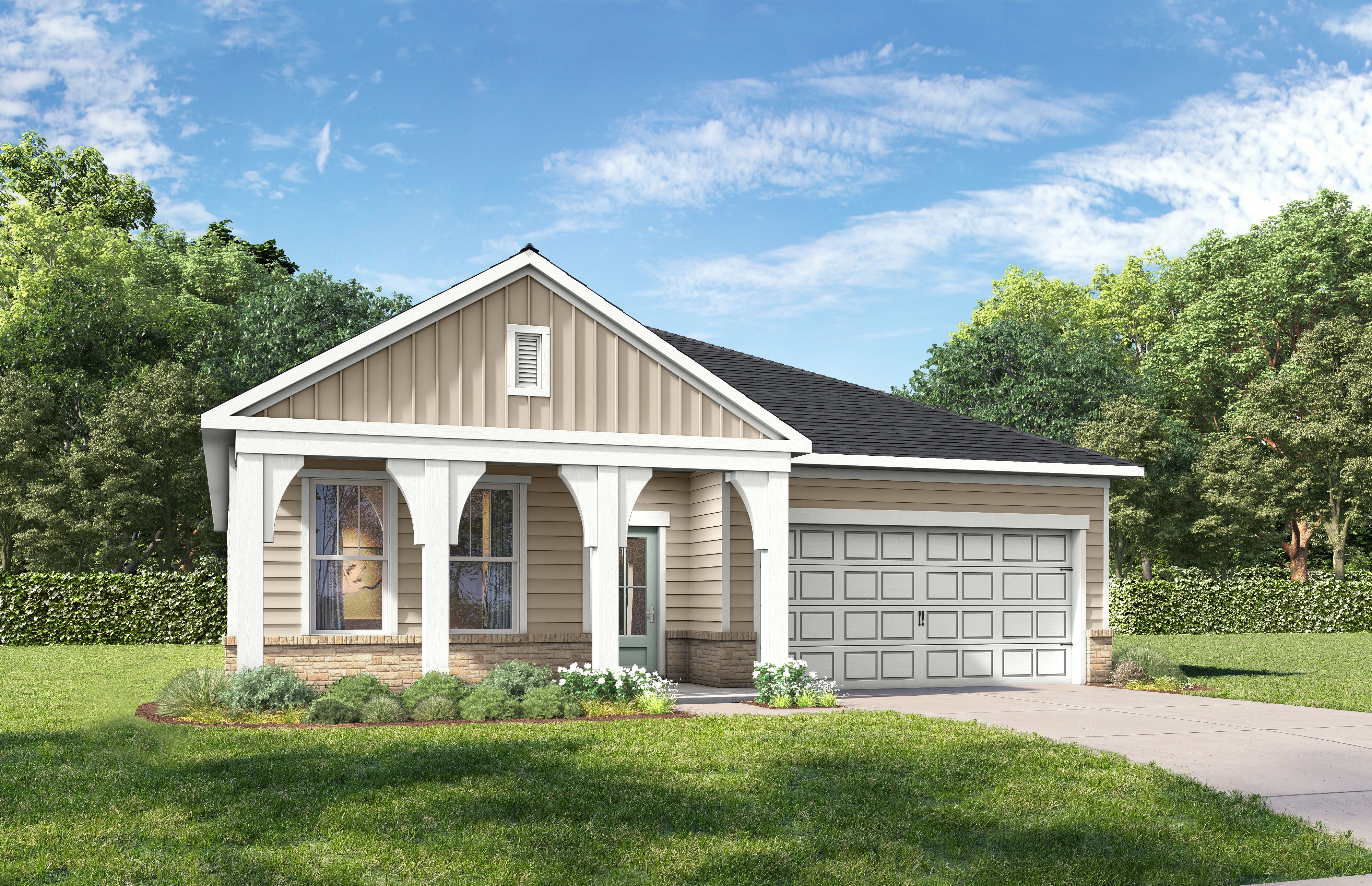 Front elevation of The Laurel G 1-story home in San Antonio featuring brick accents, beige siding, covered porch, and 2-car garage