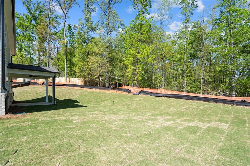 Covered back patio with newly sodded lawn and wooded privacy in The Hickory E, Buford, Georgia