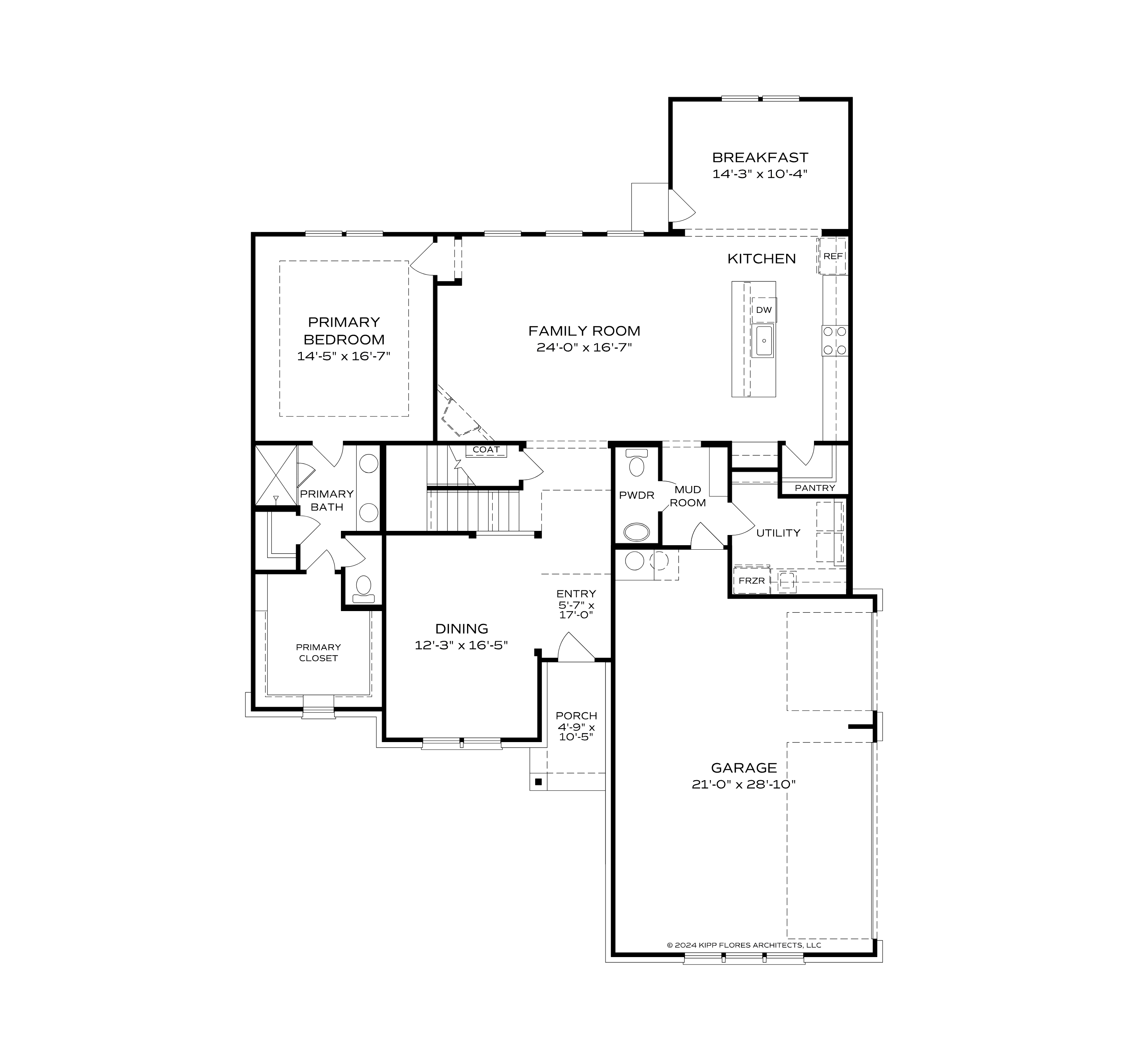 First floor plan of The Avalon showcasing primary suite, open kitchen, family room, dining, and 3-car garage layout
