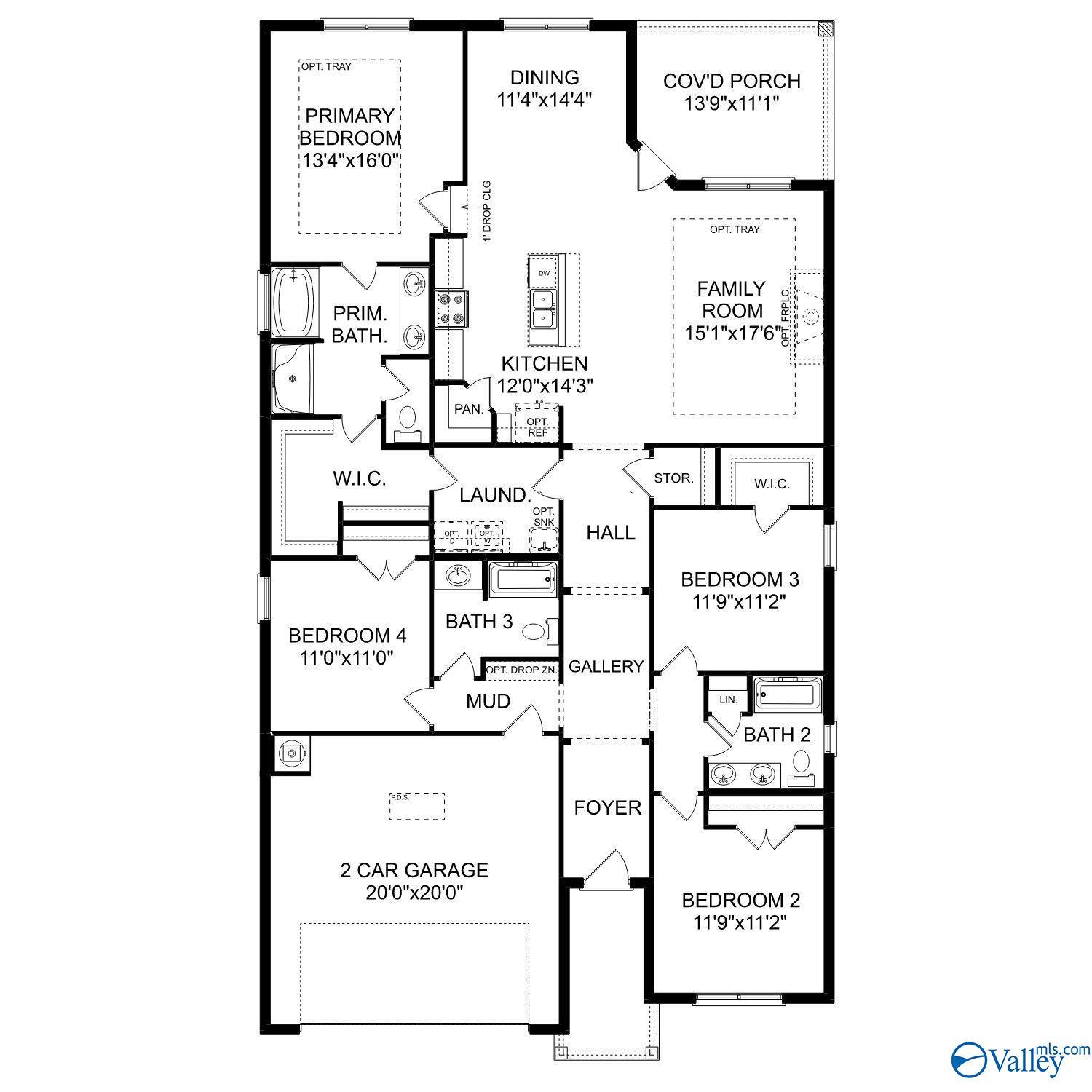The Everett C floor plan by Davidson Homes in Noble Ridge, Cullman: 2,058 sq ft, 4-bedroom, 3-bath, 1-story home layout.