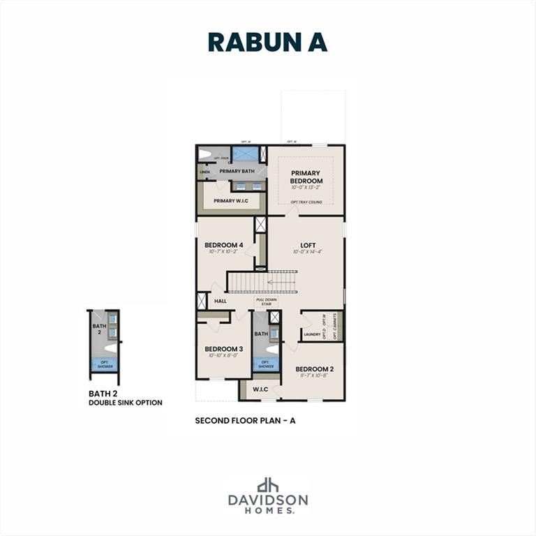 Second floor plan of Rabun A: primary suite with double sink bath, loft, bedrooms 2-4, bath in Davidson Homes Winder GA home